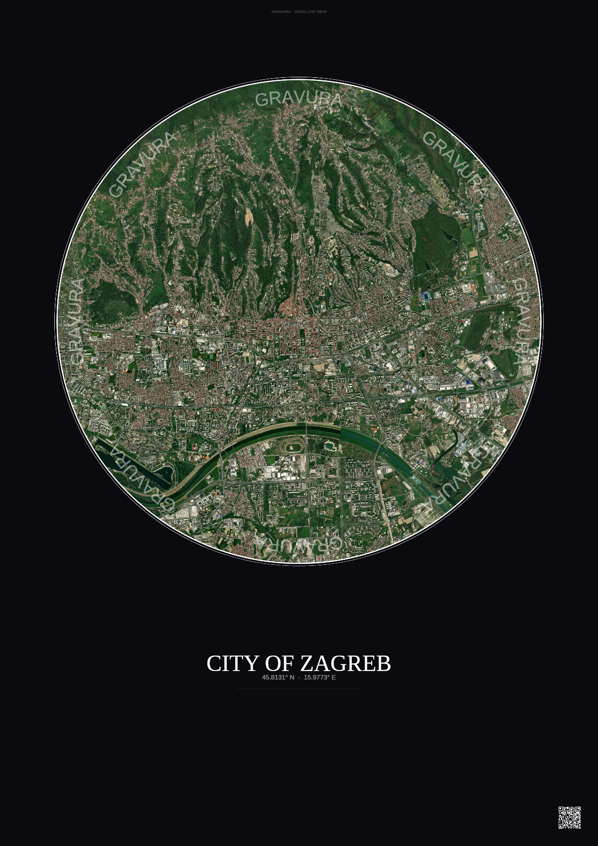 Affiche City Of Zagreb – Poster vue satellite | Gravura – Fond foncé