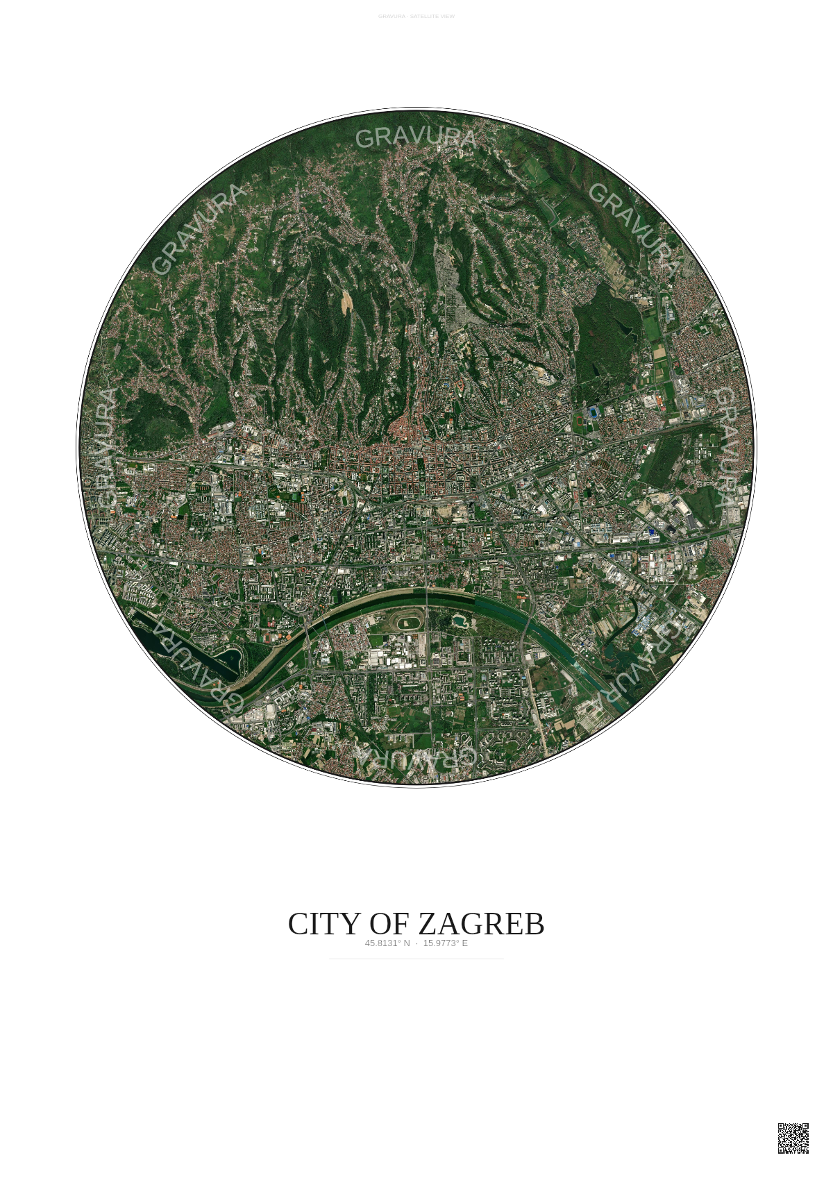 Affiche City Of Zagreb – Poster vue satellite | Gravura – Fond clair