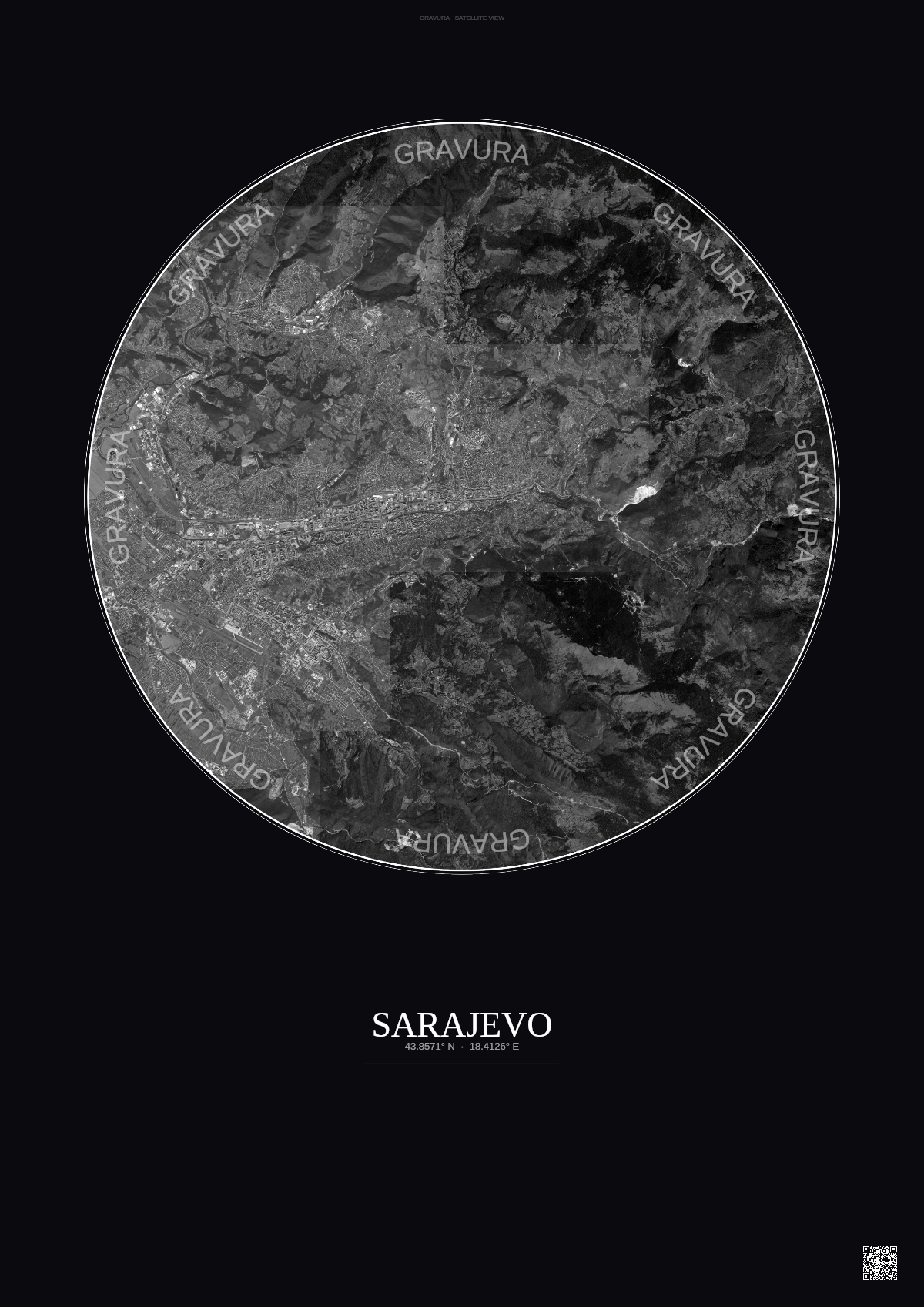 Affiche Sarajevo – Poster vue satellite | Gravura – Fond foncé