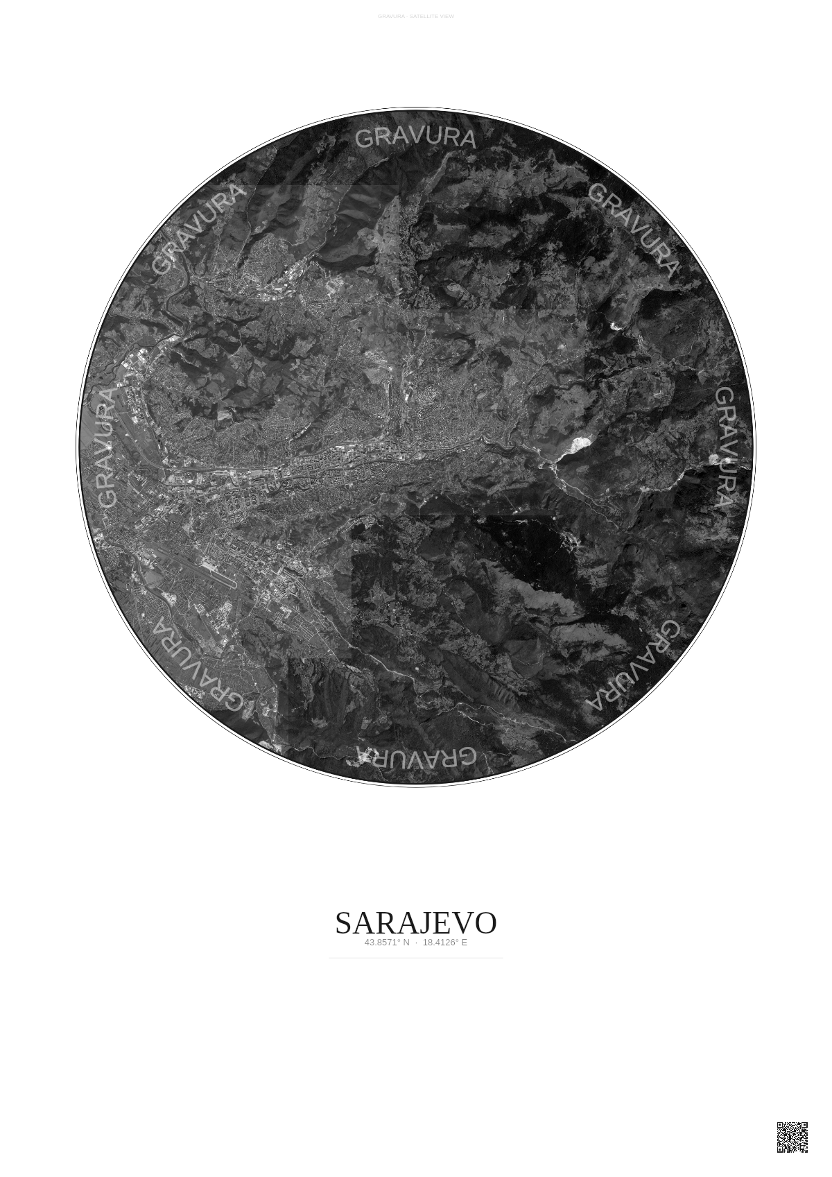 Affiche Sarajevo – Poster vue satellite | Gravura – Fond clair