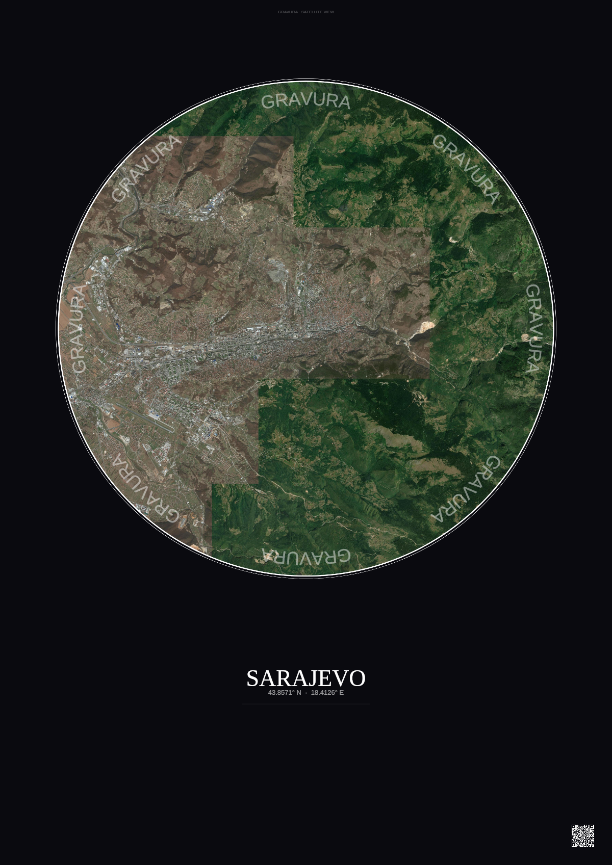 Affiche Sarajevo – Poster vue satellite | Gravura – Fond foncé