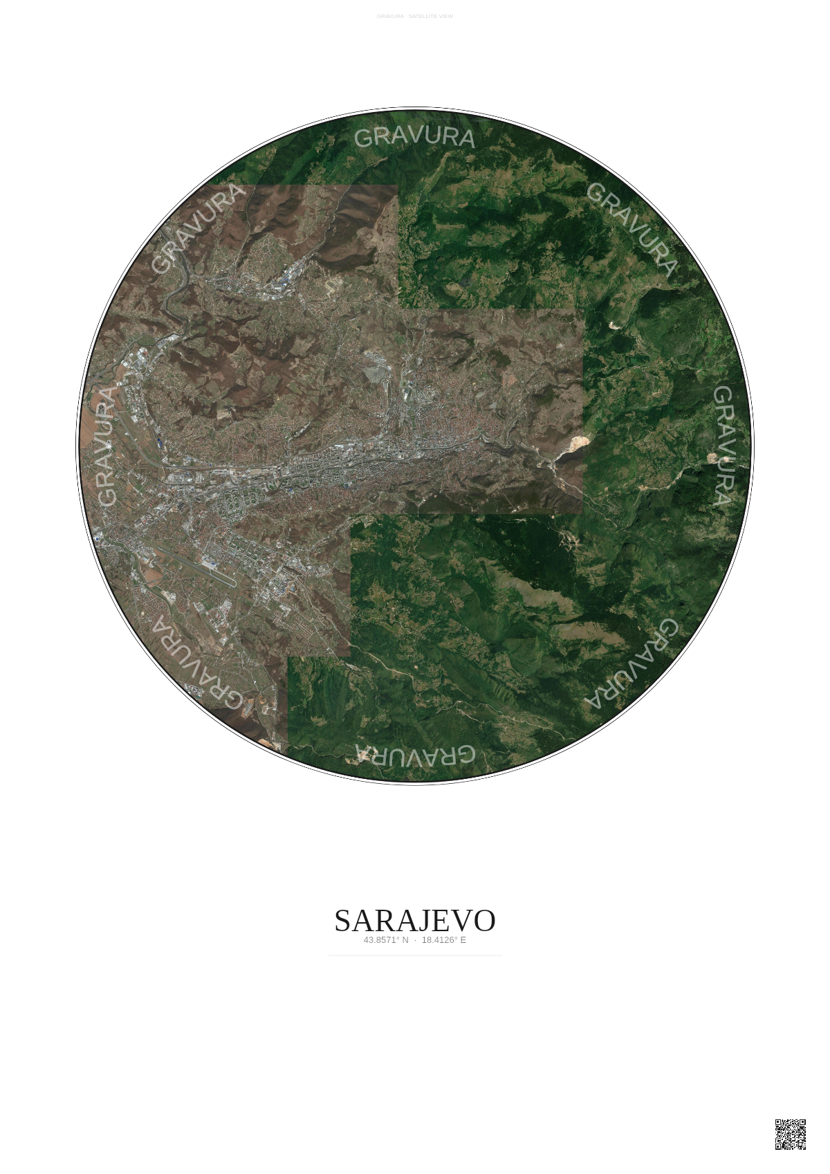 Affiche Sarajevo – Poster vue satellite | Gravura – Fond clair