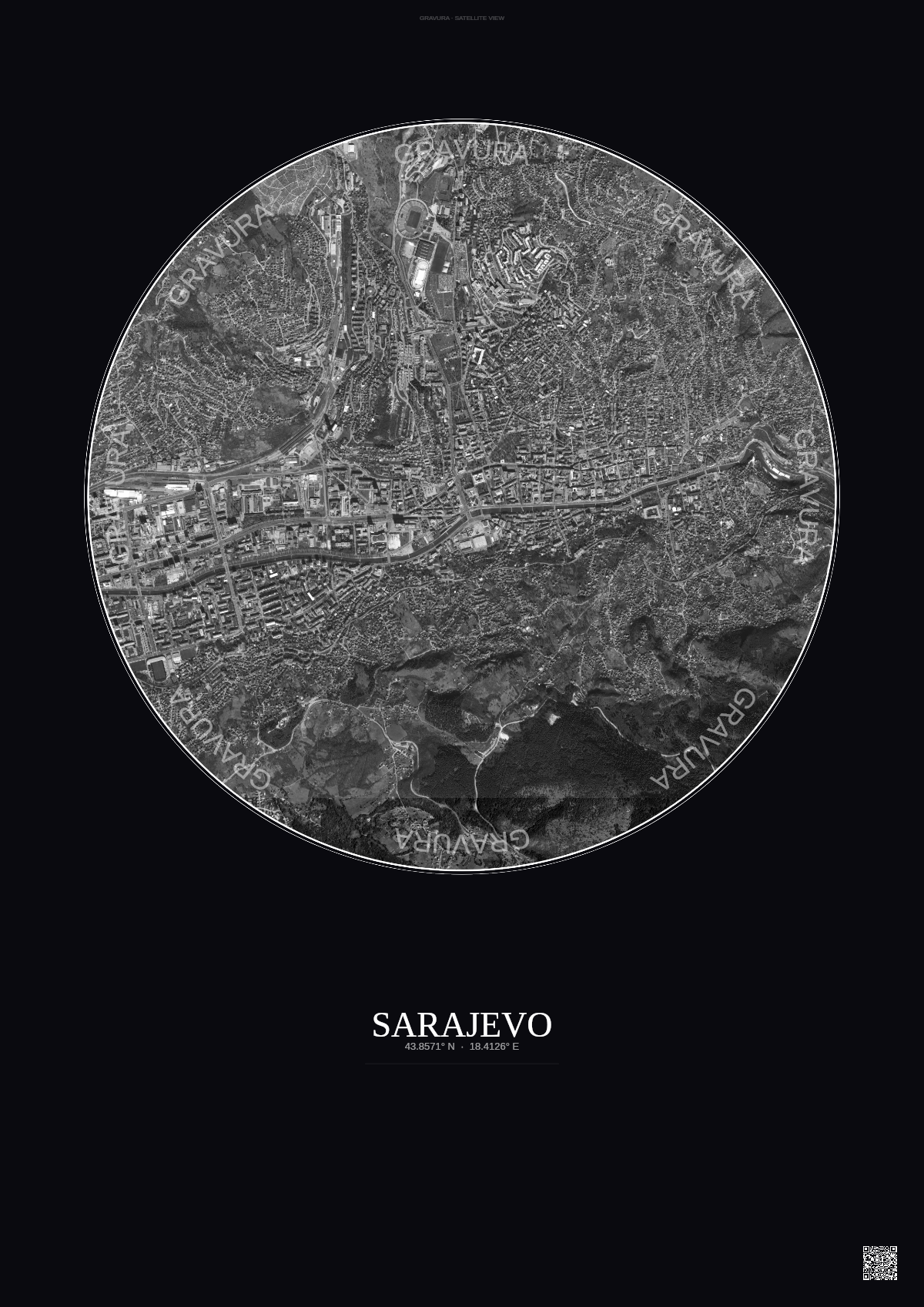 Affiche Sarajevo – Poster vue satellite | Gravura – Fond foncé