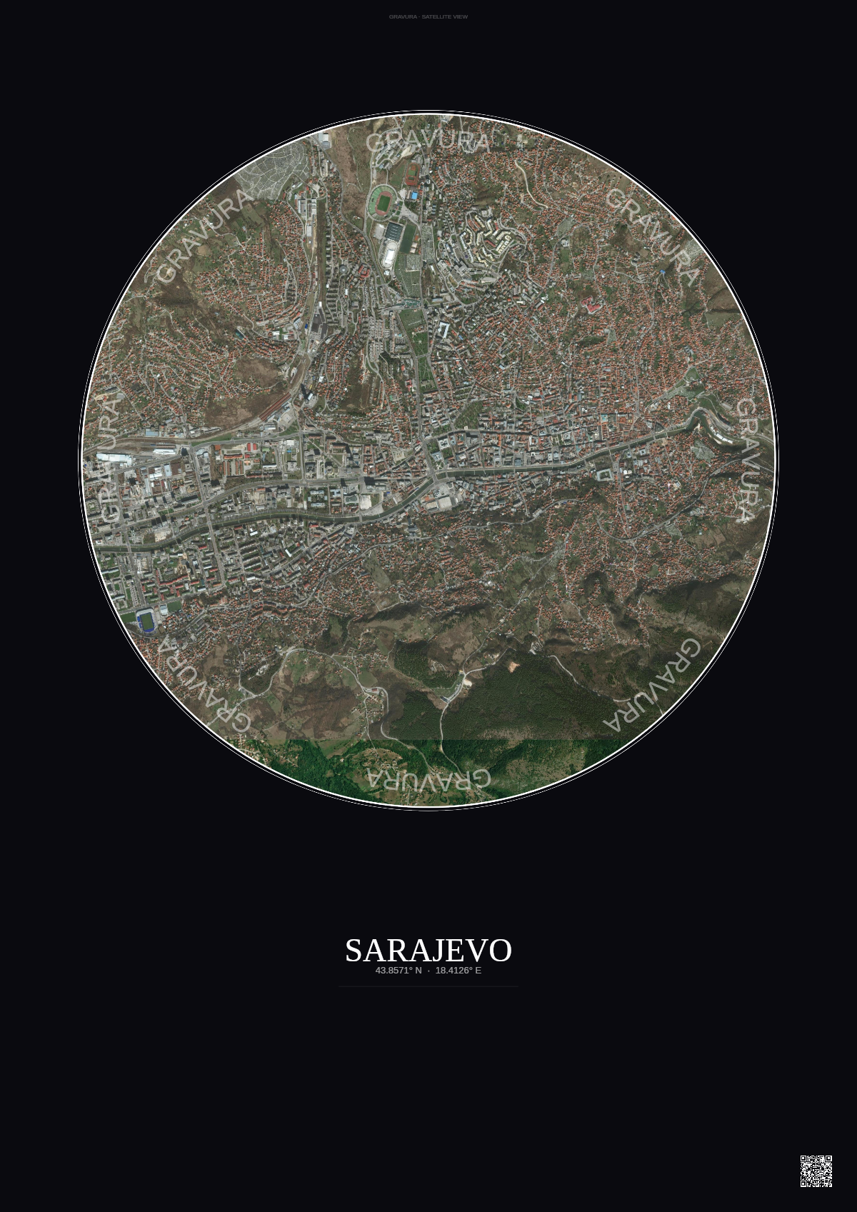 Affiche Sarajevo – Poster vue satellite | Gravura – Fond foncé
