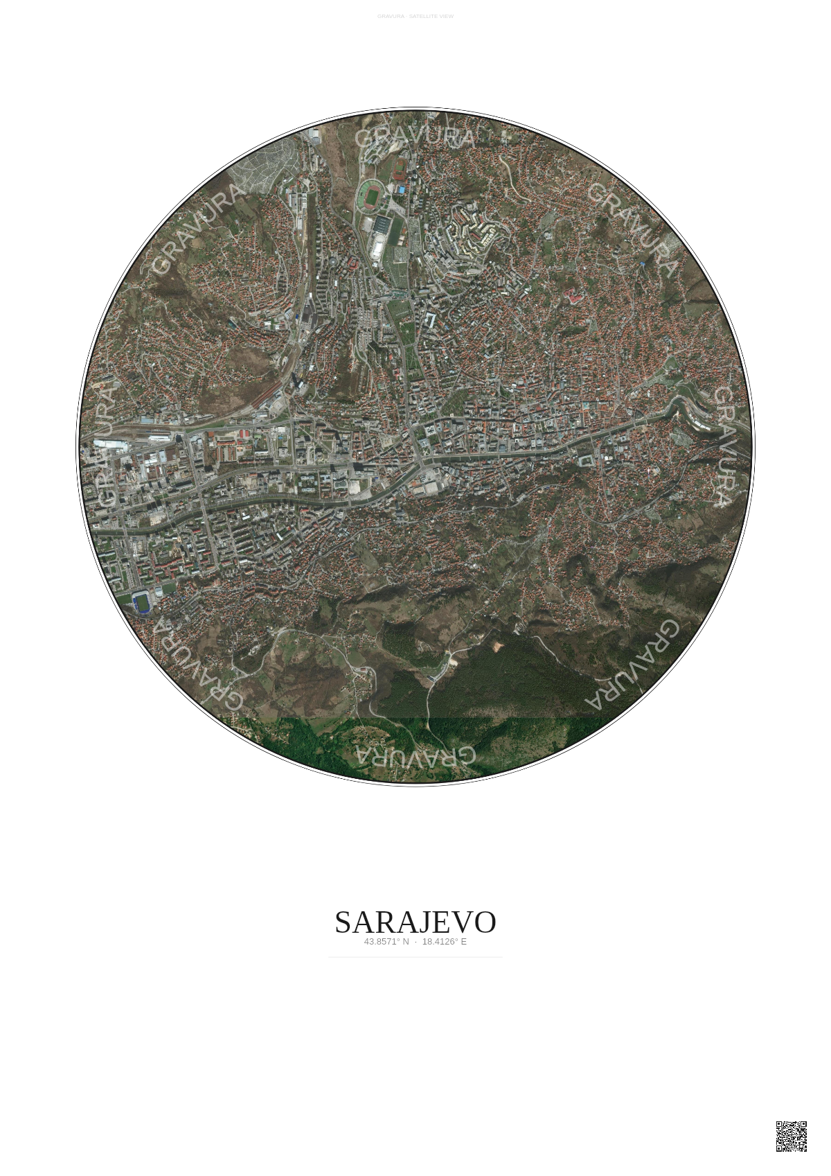 Affiche Sarajevo – Poster vue satellite | Gravura – Fond clair