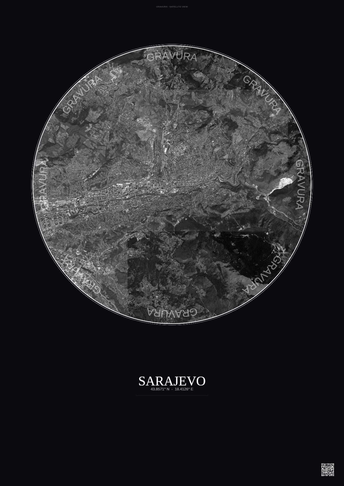 Affiche Sarajevo – Poster vue satellite | Gravura – Fond foncé