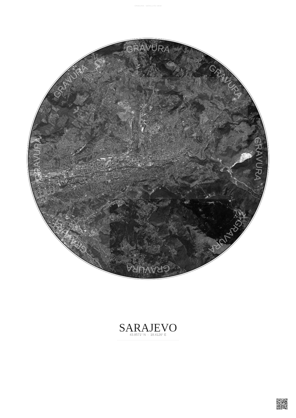 Affiche Sarajevo – Poster vue satellite | Gravura – Fond clair