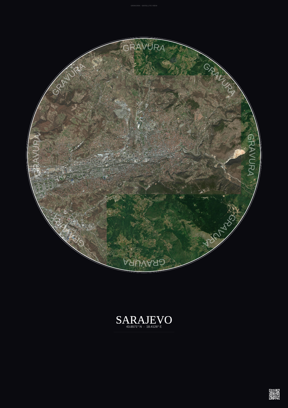 Affiche Sarajevo – Poster vue satellite | Gravura – Fond foncé