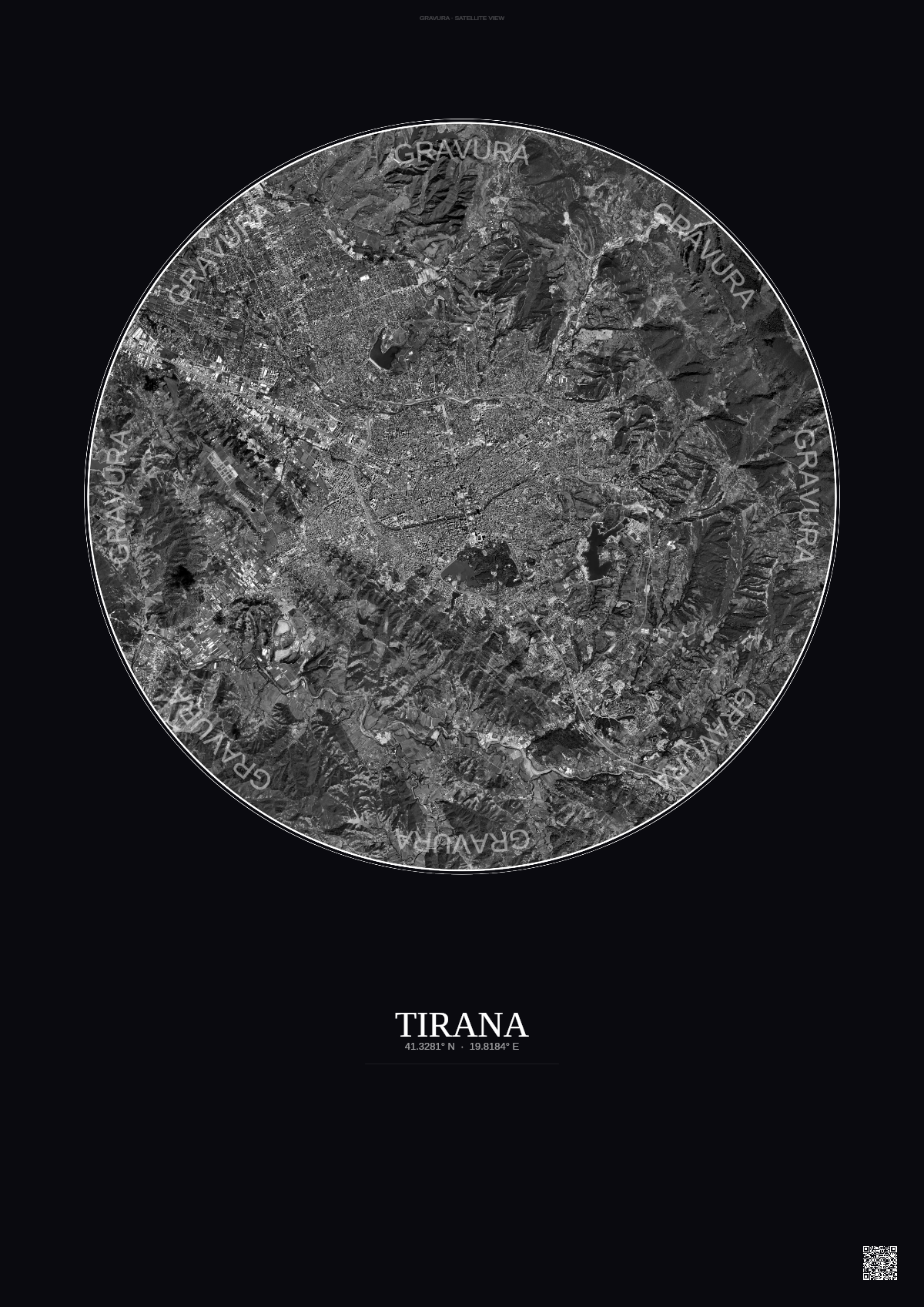Affiche Tirana – Poster vue satellite | Gravura – Fond foncé