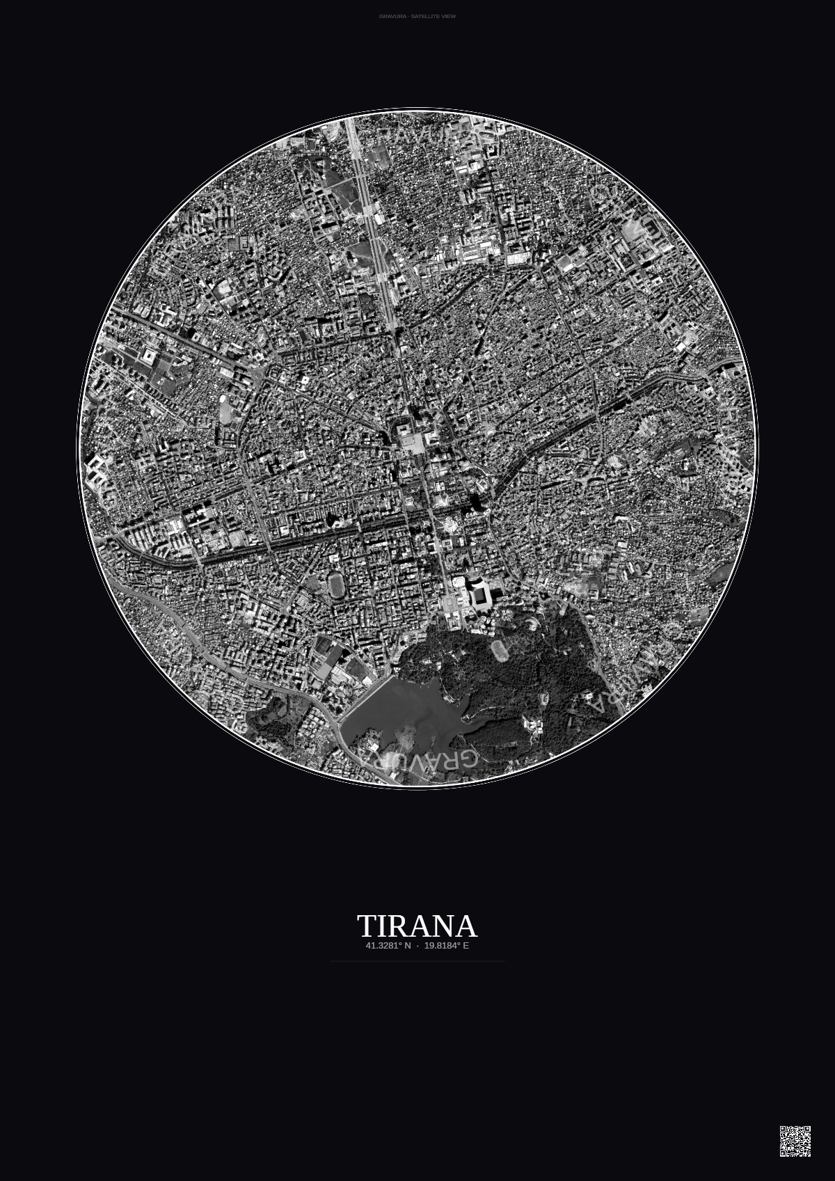Affiche Tirana – Poster vue satellite | Gravura – Fond foncé