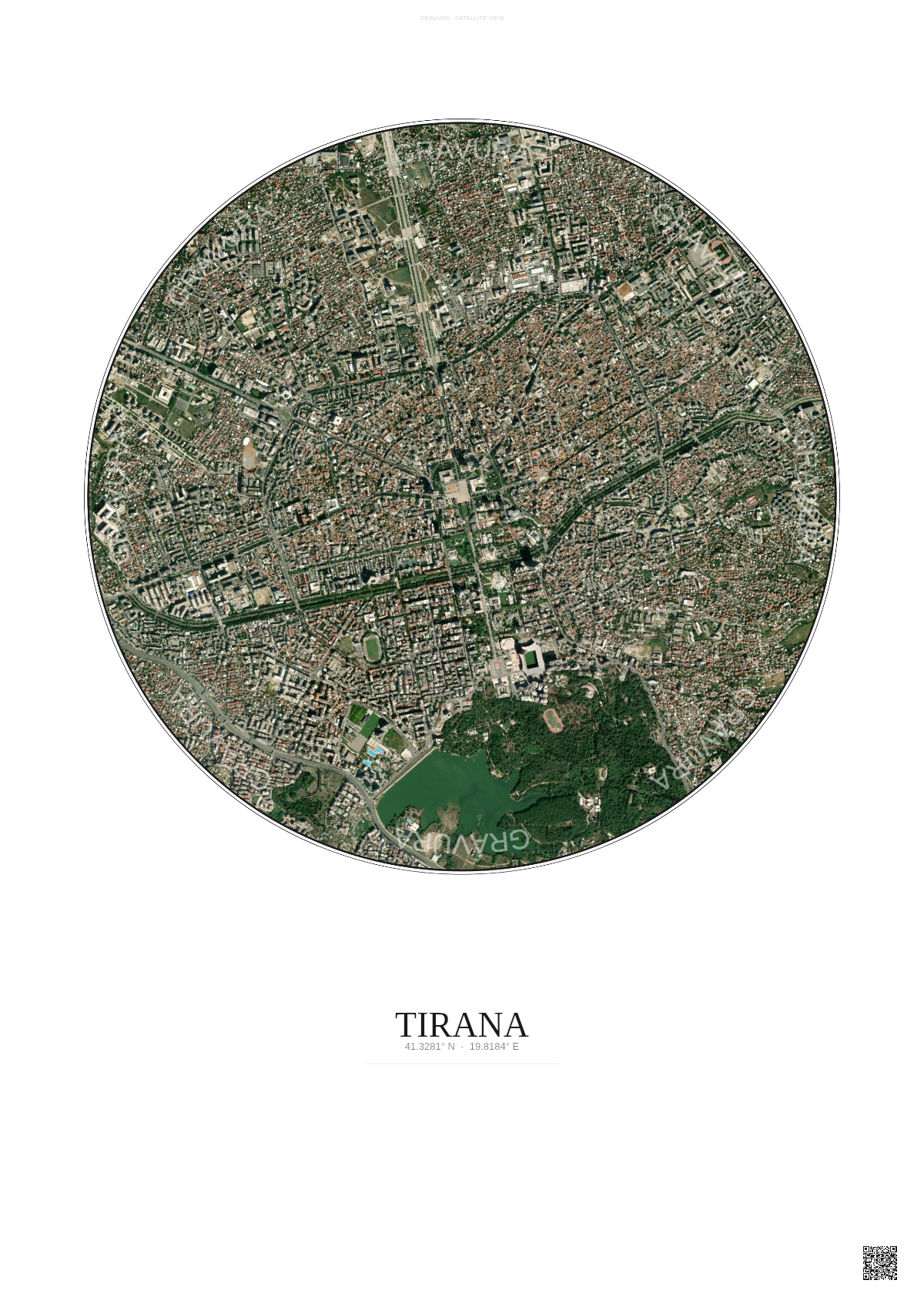 Affiche Tirana – Poster vue satellite | Gravura – Fond clair