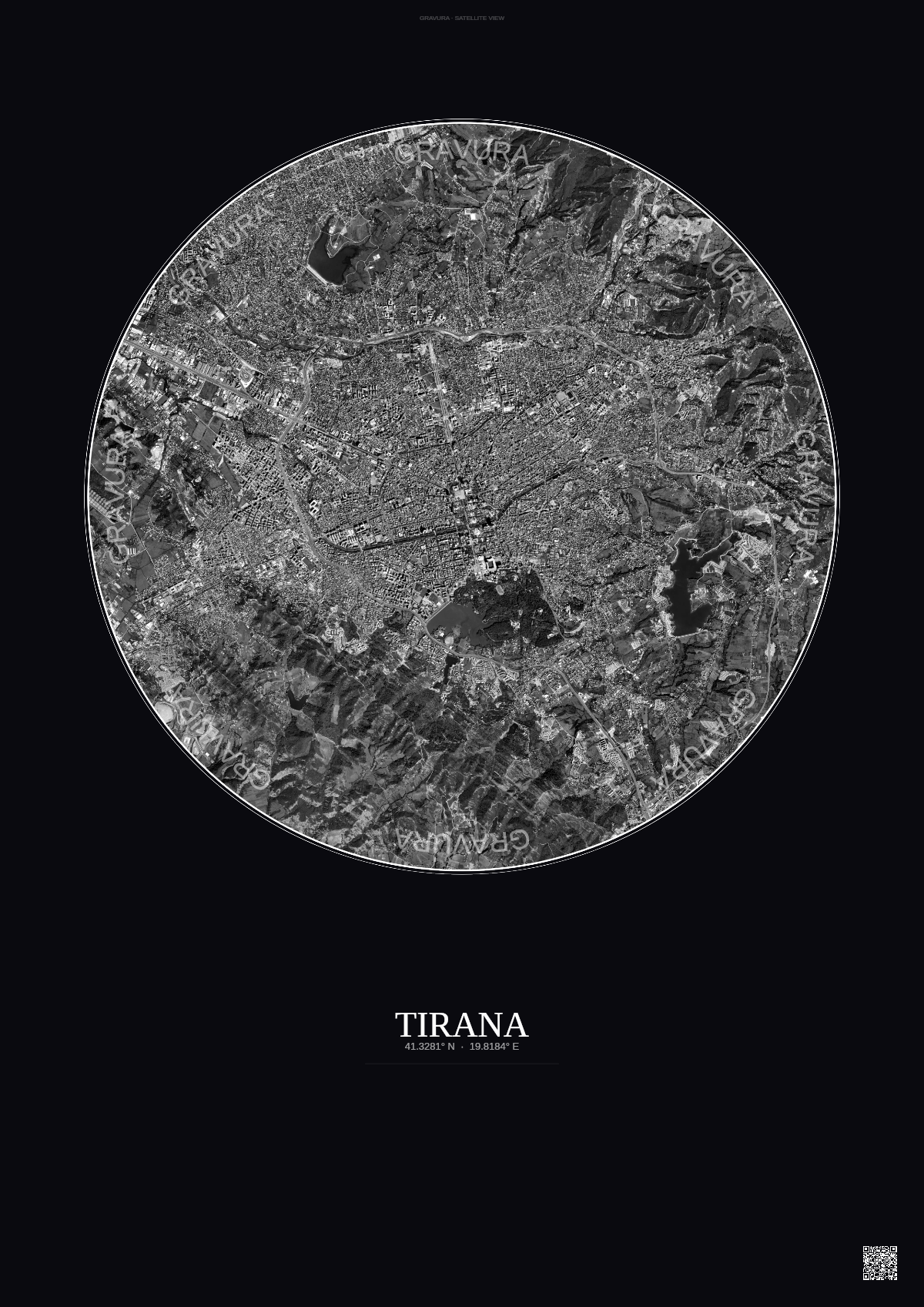 Affiche Tirana – Poster vue satellite | Gravura – Fond foncé