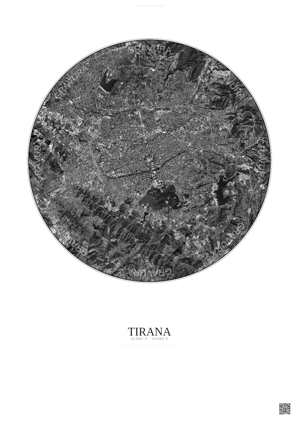 Affiche Tirana – Poster vue satellite | Gravura – Fond clair