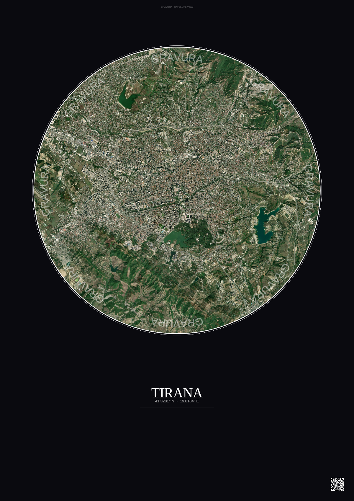 Affiche Tirana – Poster vue satellite | Gravura – Fond foncé