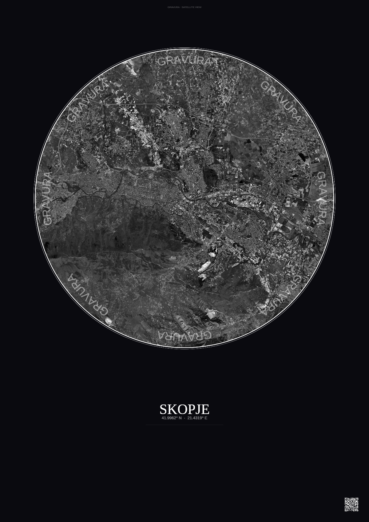 Affiche Skopje – Poster vue satellite | Gravura – Fond foncé