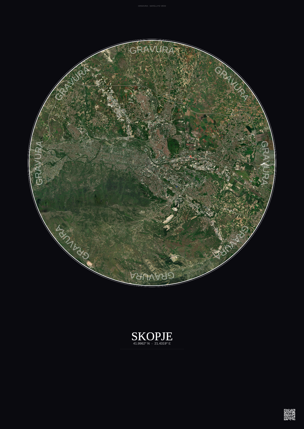 Affiche Skopje – Poster vue satellite | Gravura – Fond foncé