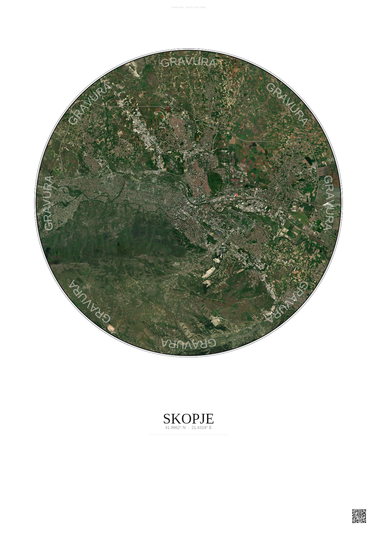 Affiche Skopje – Poster vue satellite | Gravura – Fond clair