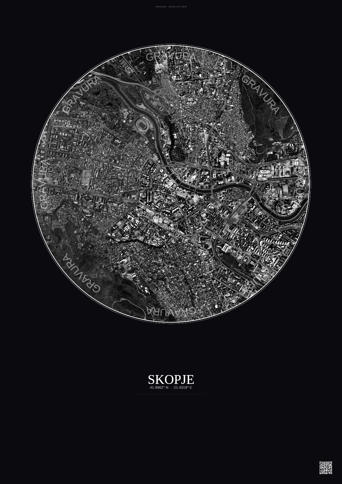 Affiche Skopje – Poster vue satellite | Gravura – Fond foncé