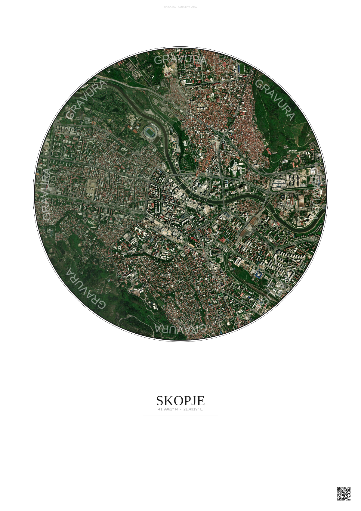 Affiche Skopje – Poster vue satellite | Gravura – Fond clair