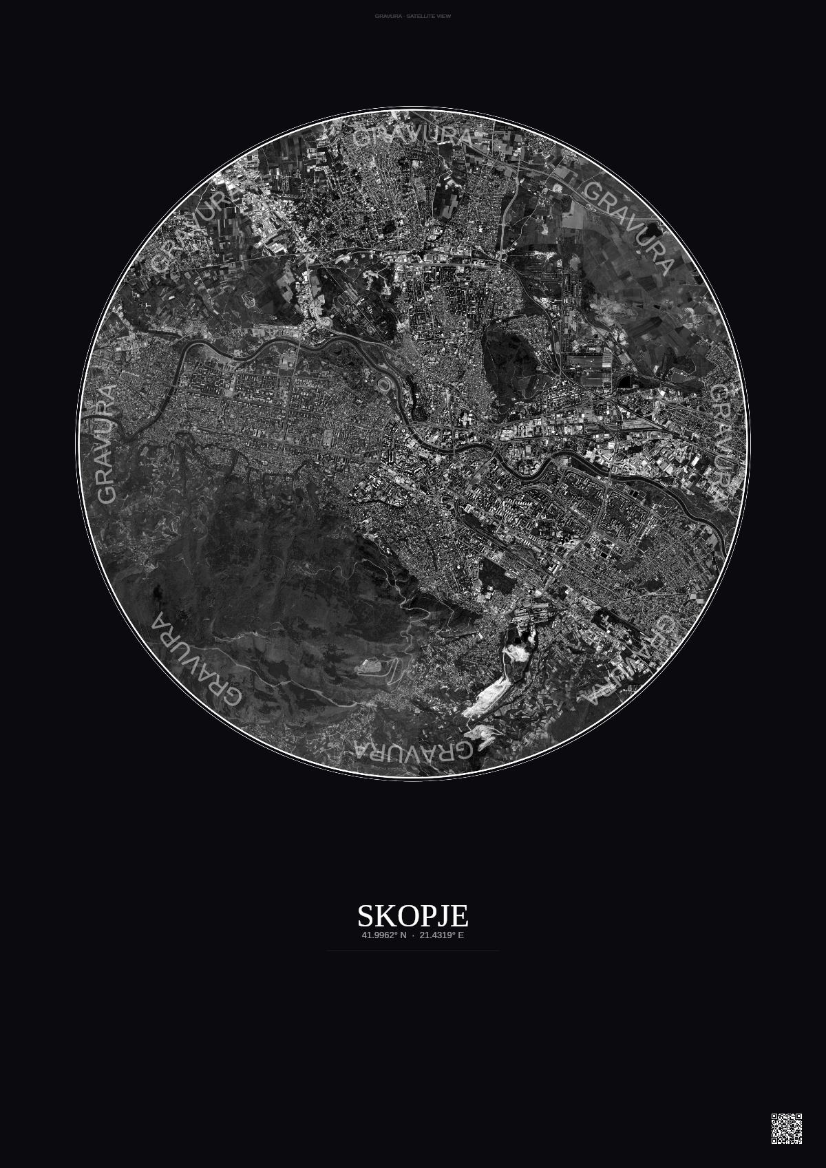 Affiche Skopje – Poster vue satellite | Gravura – Fond foncé
