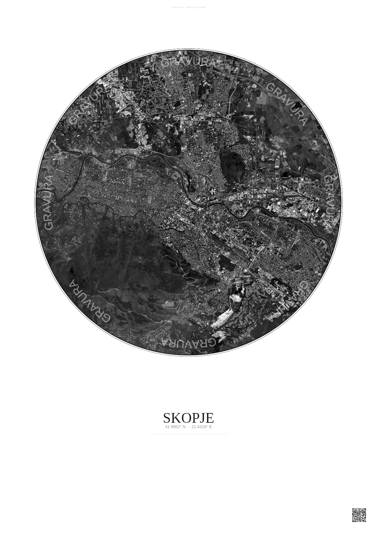 Affiche Skopje – Poster vue satellite | Gravura – Fond clair