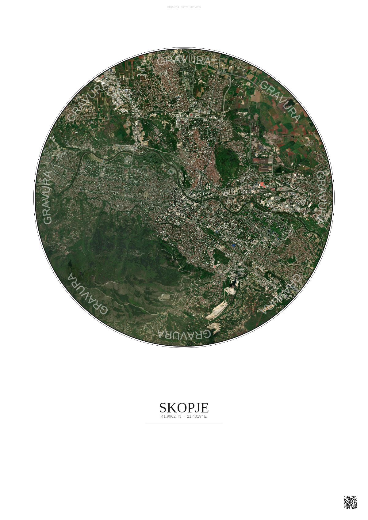 Affiche Skopje – Poster vue satellite | Gravura – Fond clair