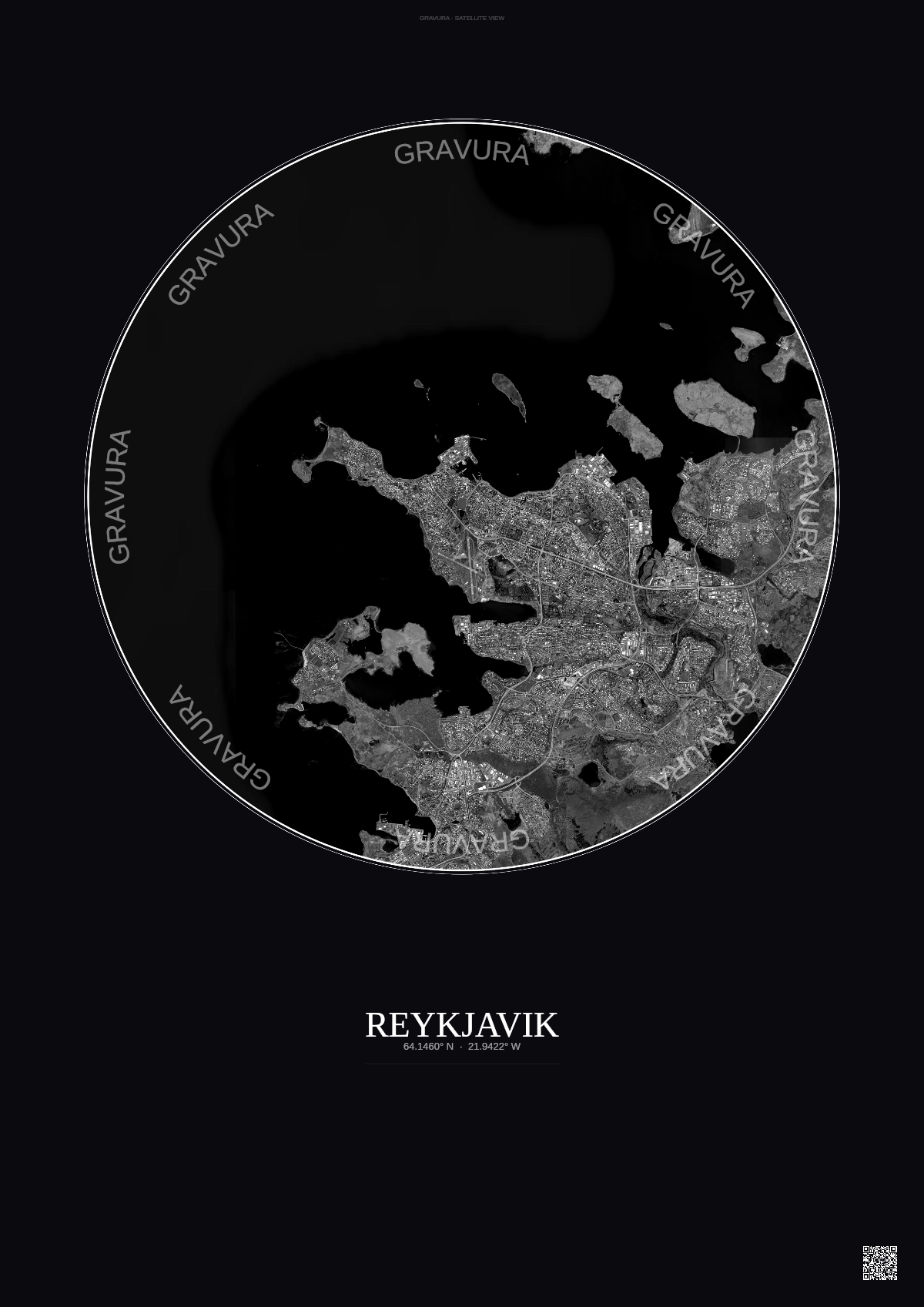 Affiche Reykjavik – Poster vue satellite | Gravura – Fond foncé