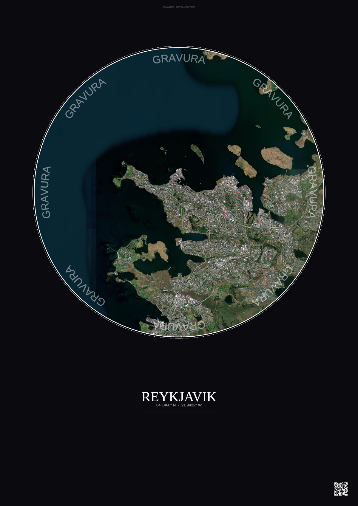 Affiche Reykjavik – Poster vue satellite | Gravura – Fond foncé