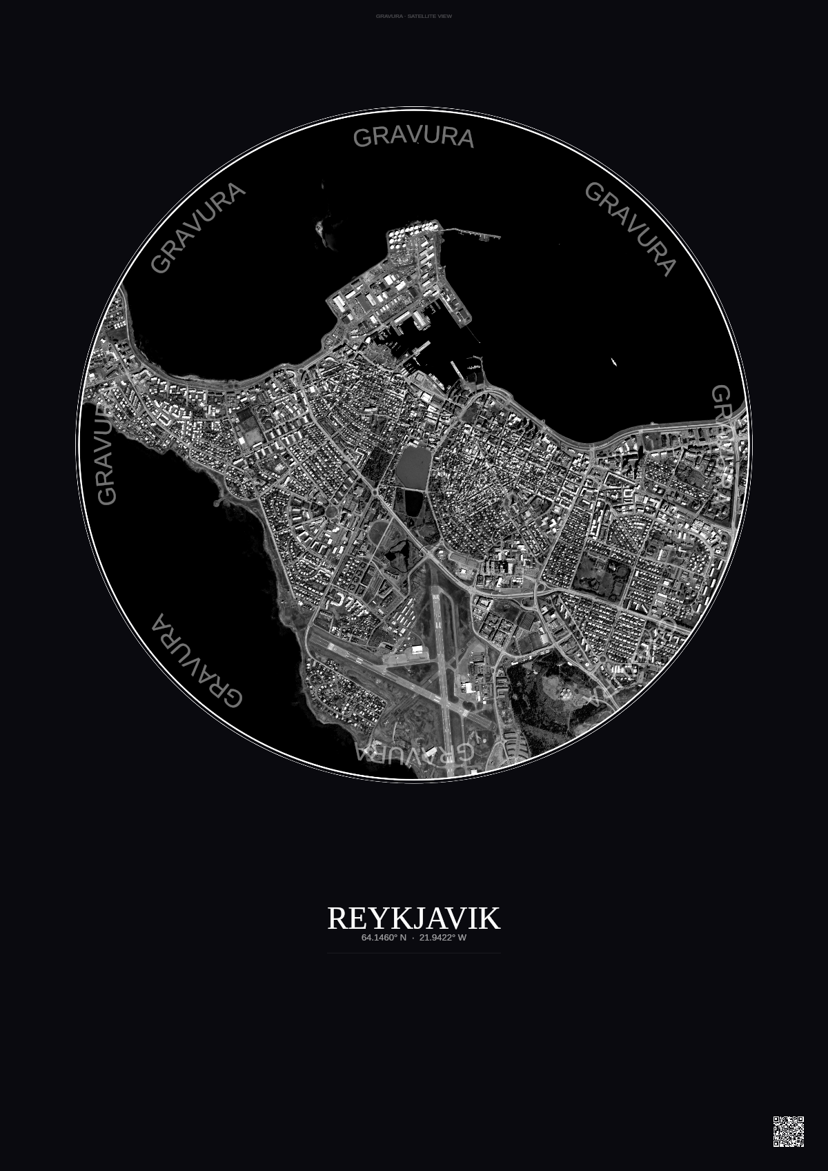 Affiche Reykjavik – Poster vue satellite | Gravura – Fond foncé
