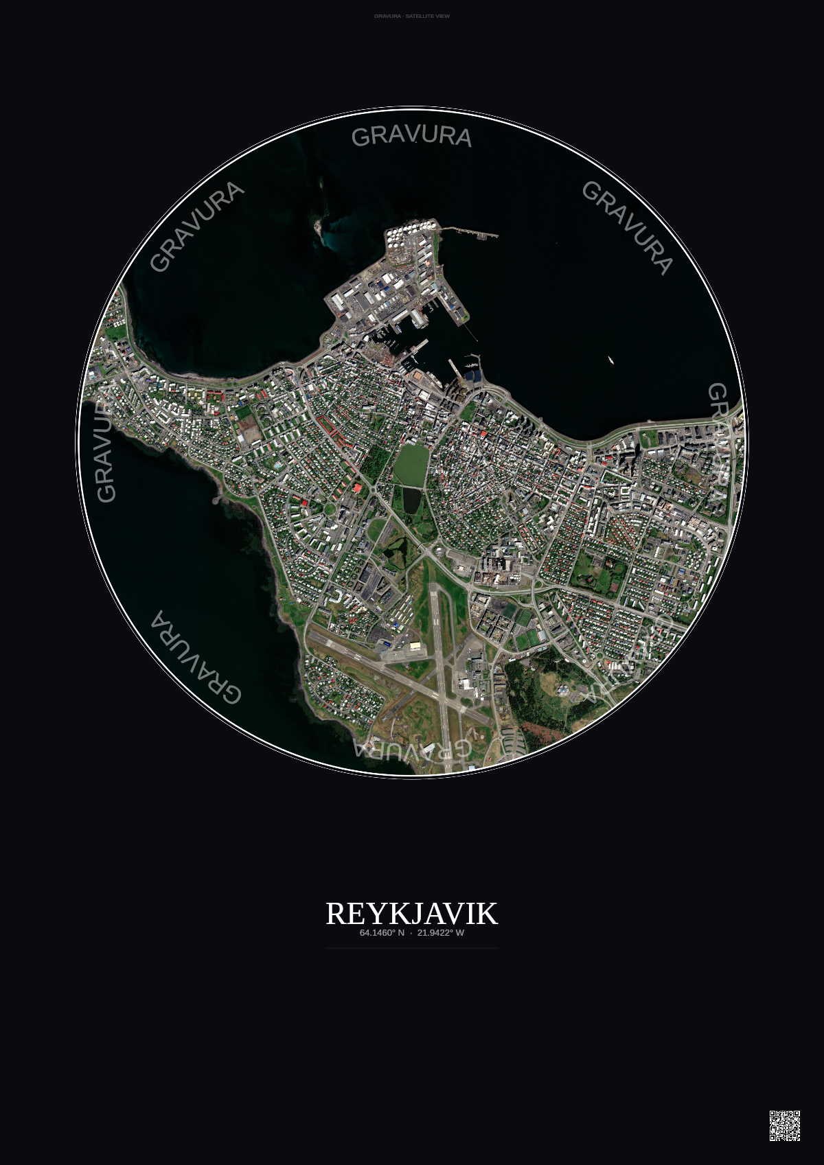 Affiche Reykjavik – Poster vue satellite | Gravura – Fond foncé