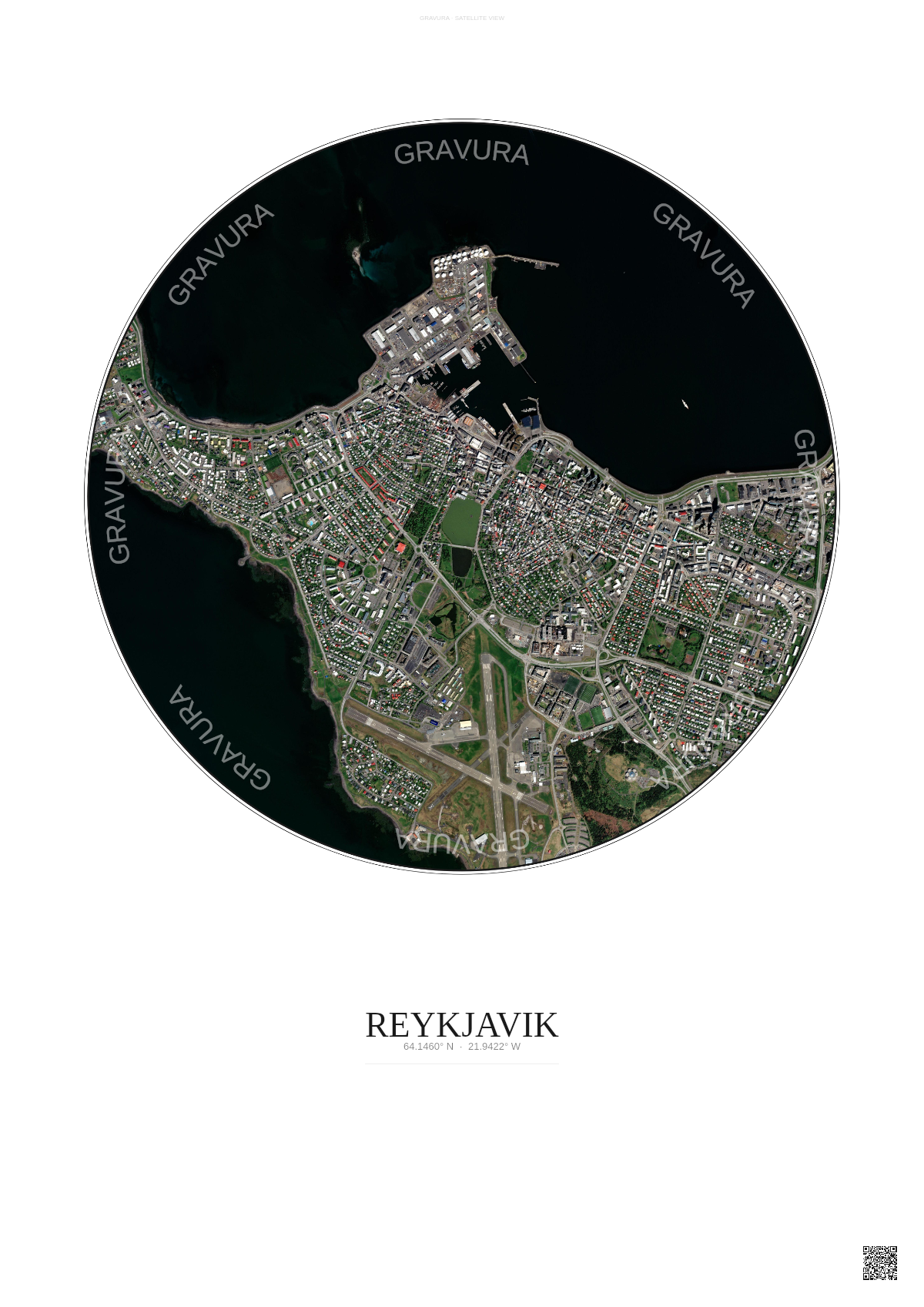 Affiche Reykjavik – Poster vue satellite | Gravura – Fond clair