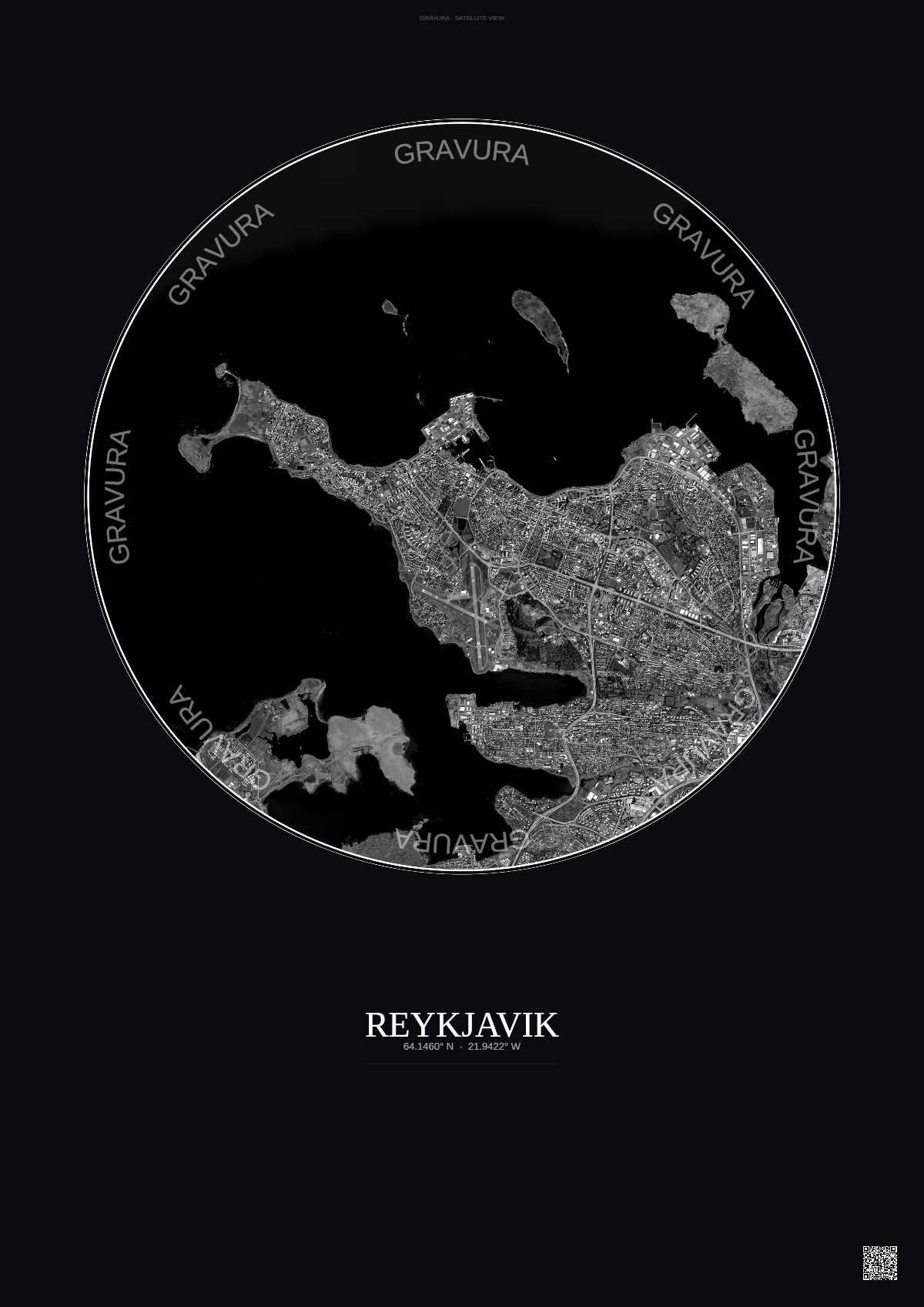 Affiche Reykjavik – Poster vue satellite | Gravura – Fond foncé