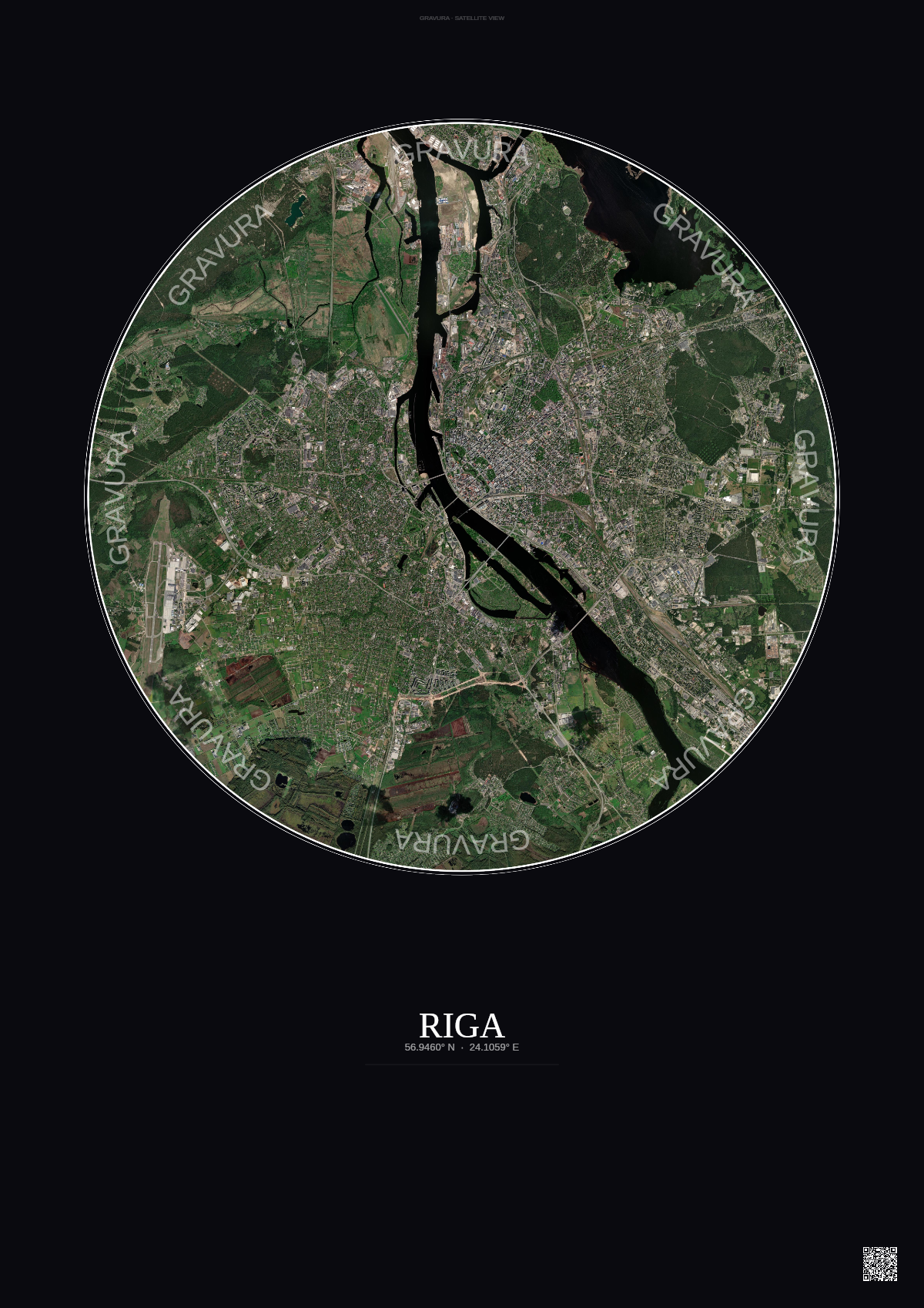 Affiche Riga – Poster vue satellite | Gravura – Fond foncé
