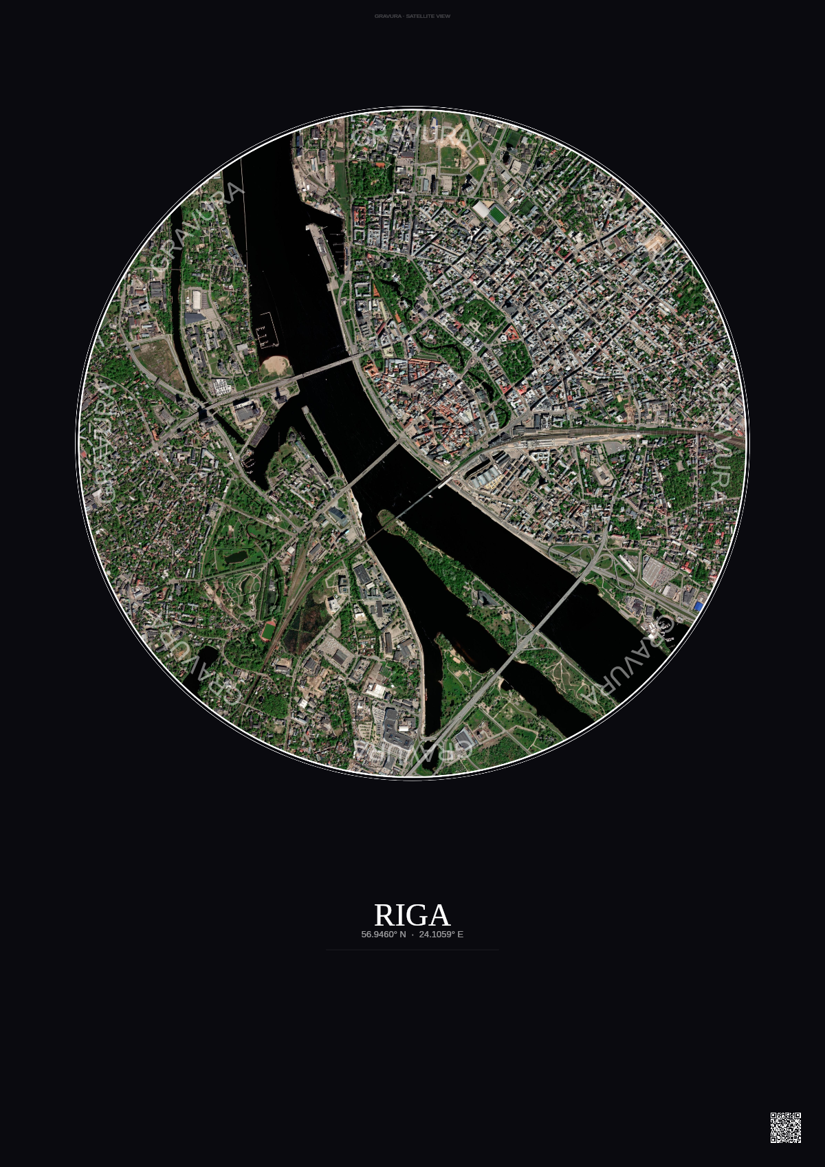 Affiche Riga – Poster vue satellite | Gravura – Fond foncé