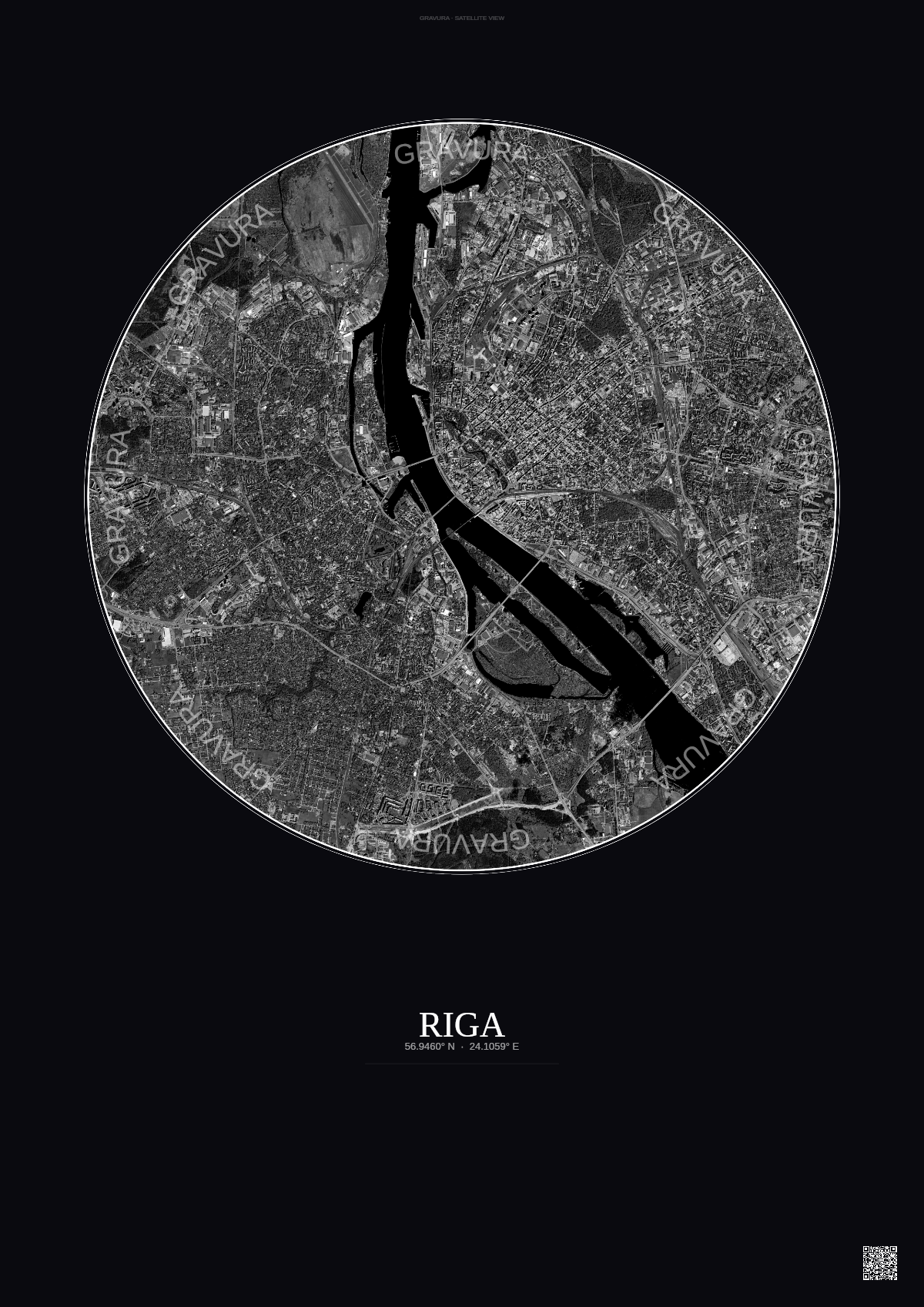 Affiche Riga – Poster vue satellite | Gravura – Fond foncé