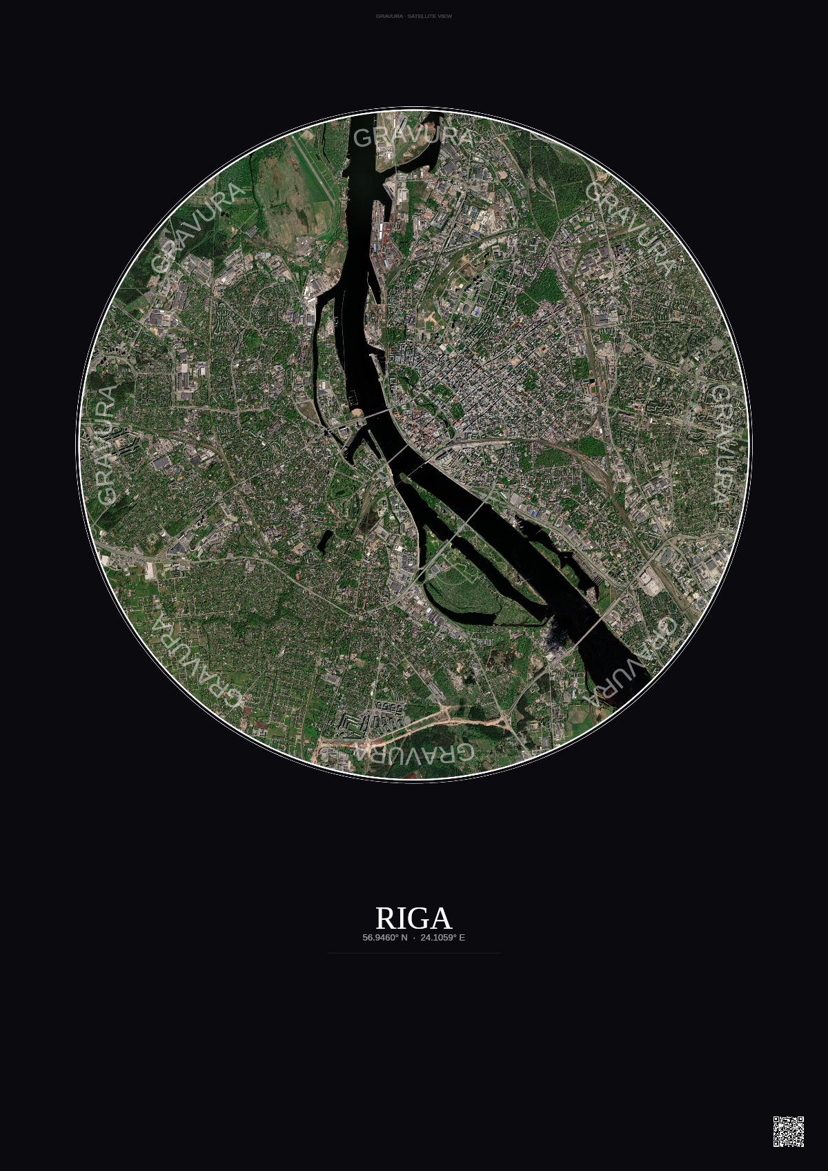 Affiche Riga – Poster vue satellite | Gravura – Fond foncé