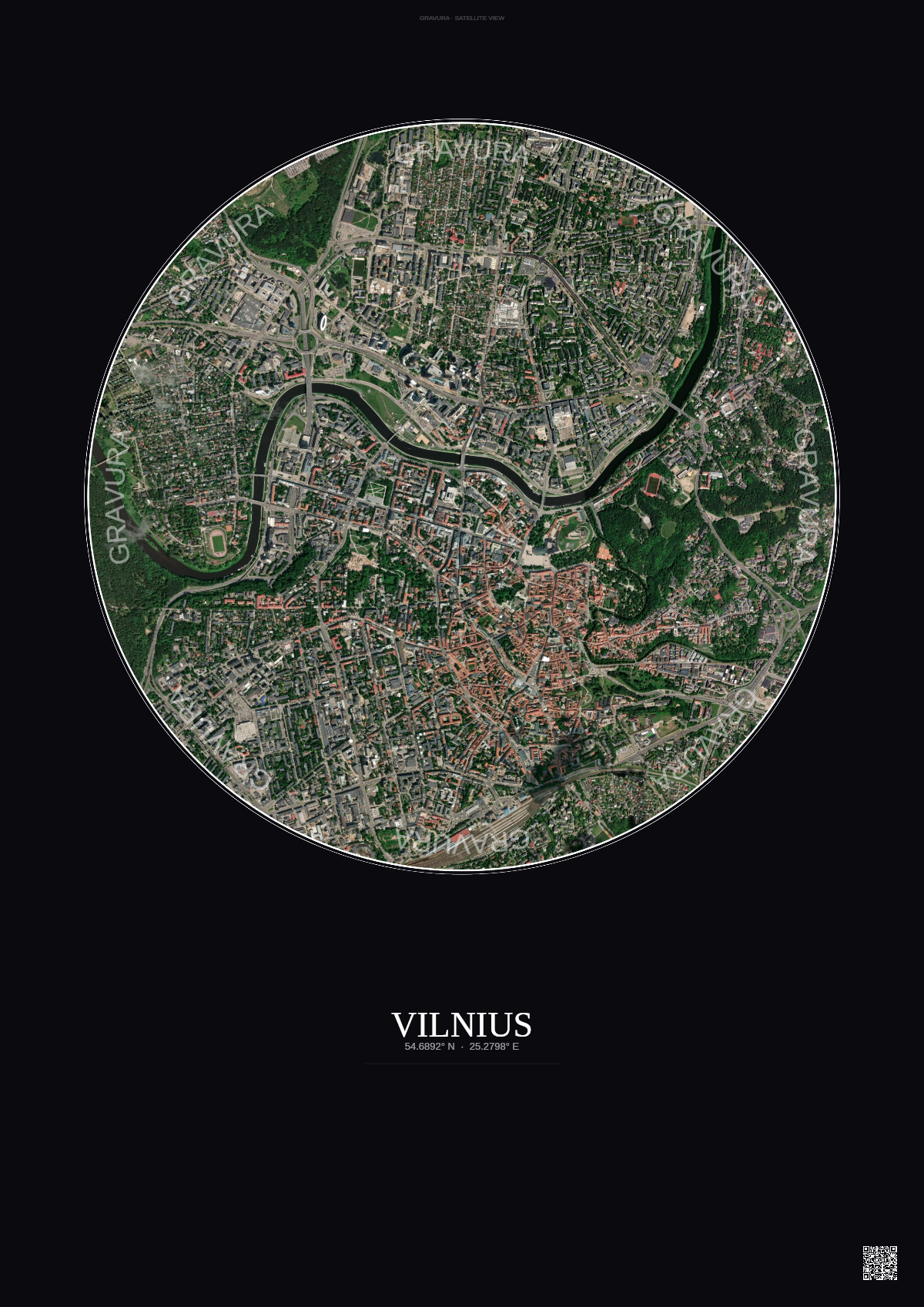 Affiche Vilnius – Poster vue satellite | Gravura – Fond foncé