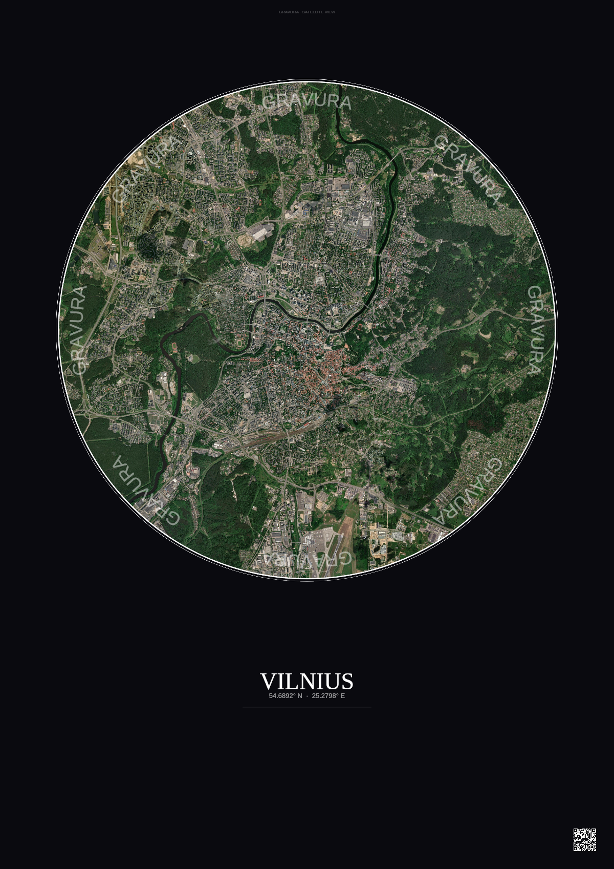 Affiche Vilnius – Poster vue satellite | Gravura – Fond foncé