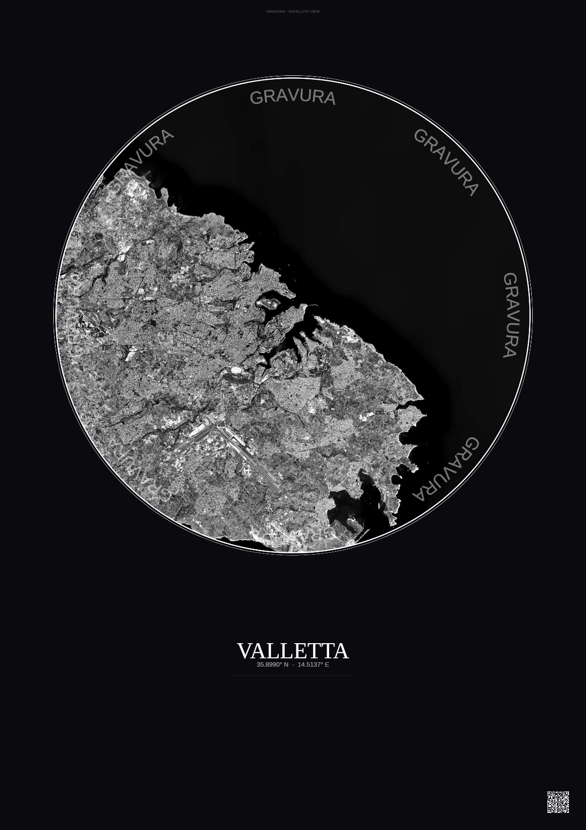 Affiche Valletta – Poster vue satellite | Gravura – Fond foncé