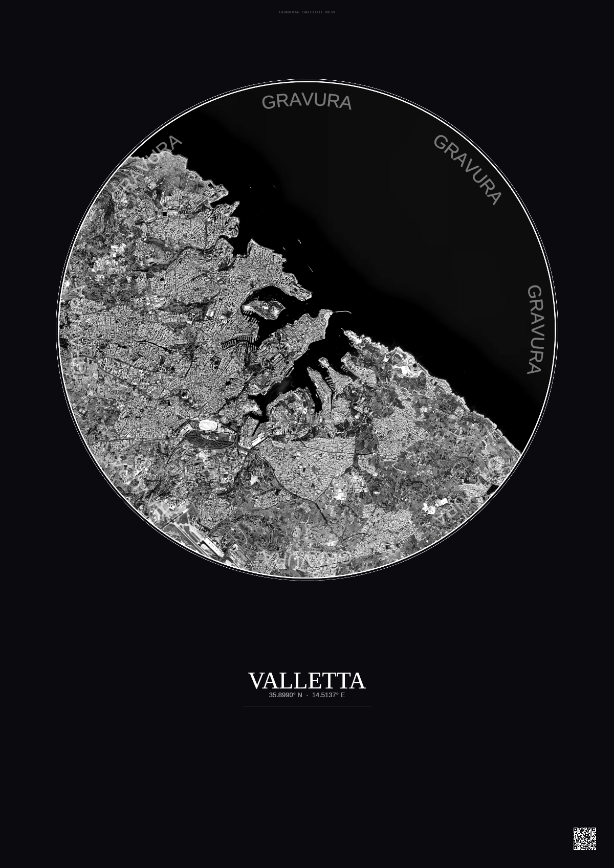 Affiche Valletta – Poster vue satellite | Gravura – Fond foncé