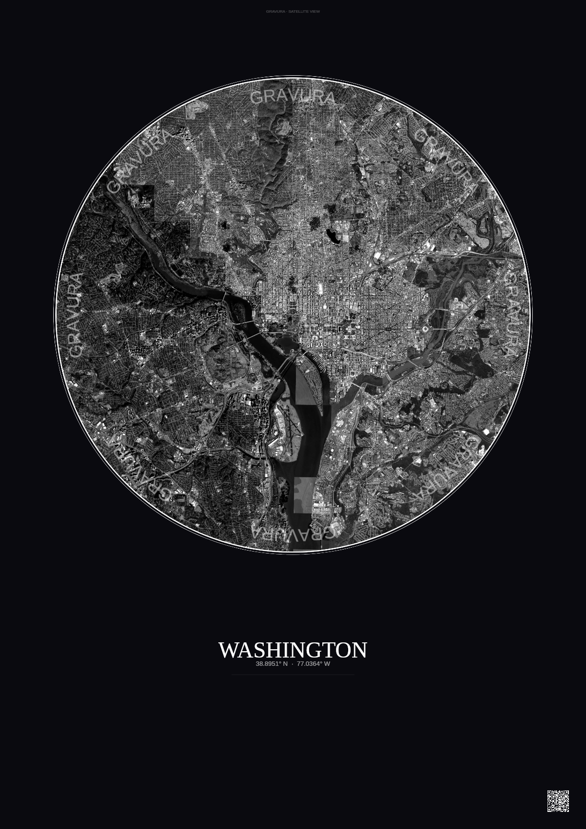 Affiche Washington – Poster vue satellite | Gravura – Fond foncé
