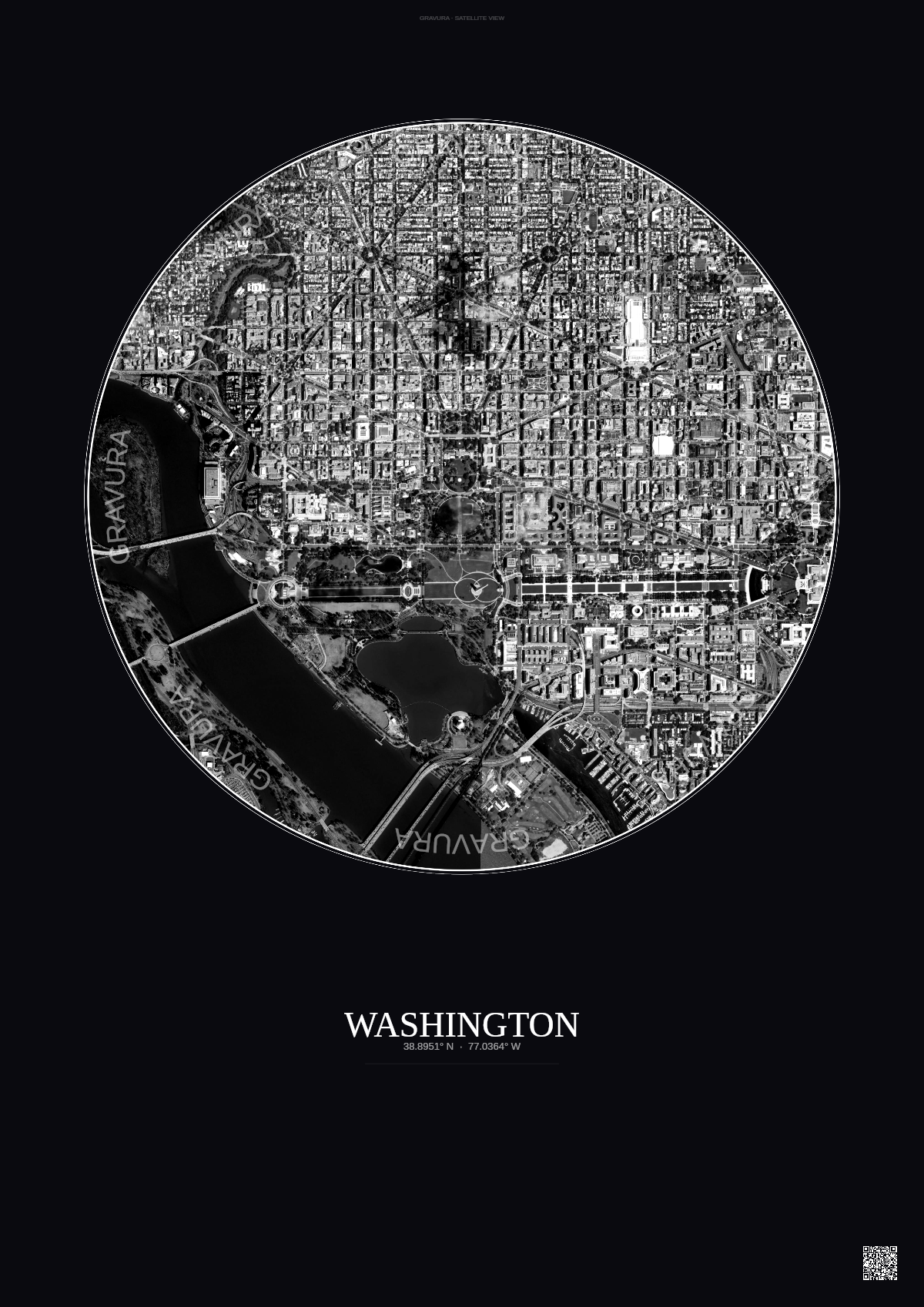 Affiche Washington – Poster vue satellite | Gravura – Fond foncé