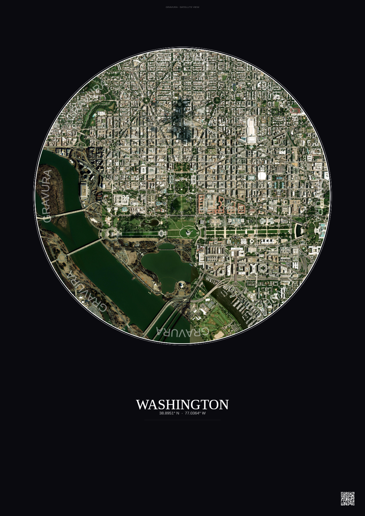 Affiche Washington – Poster vue satellite | Gravura – Fond foncé