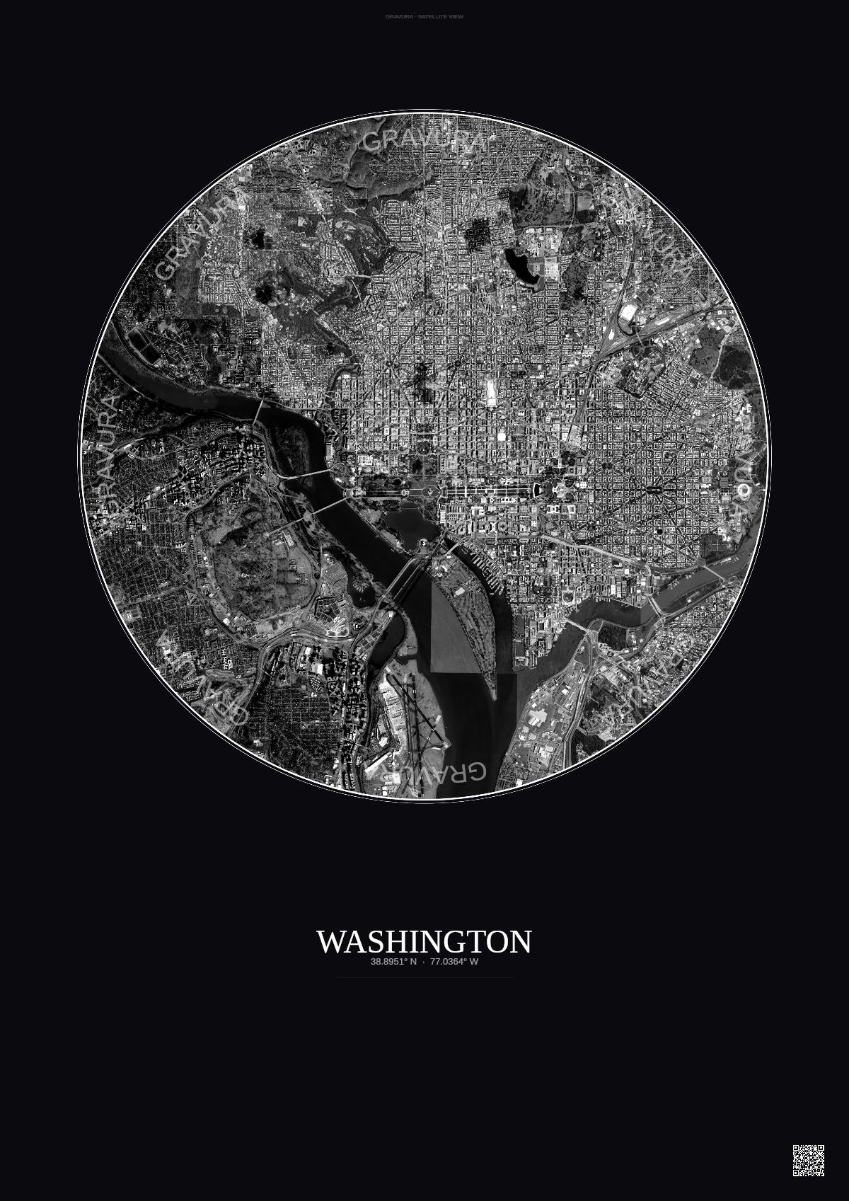 Affiche Washington – Poster vue satellite | Gravura – Fond foncé