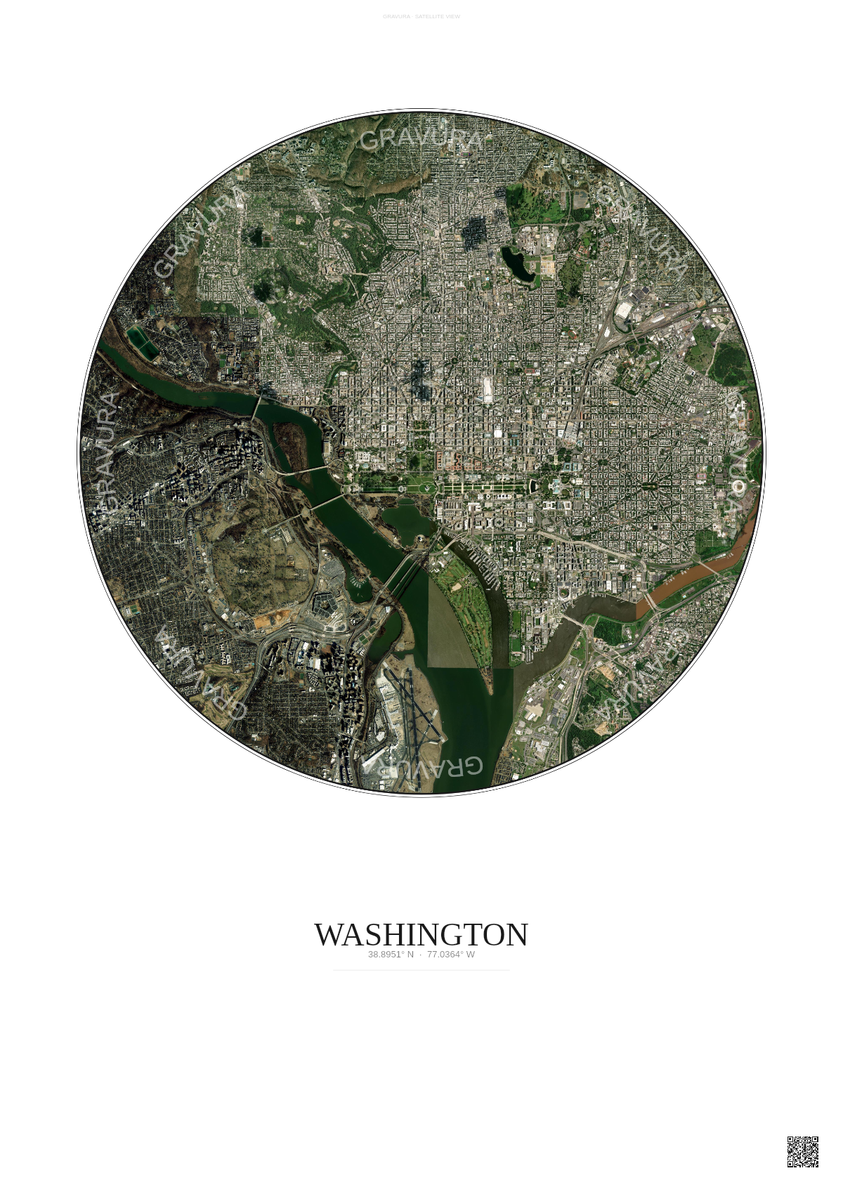 Affiche Washington – Poster vue satellite | Gravura – Fond clair