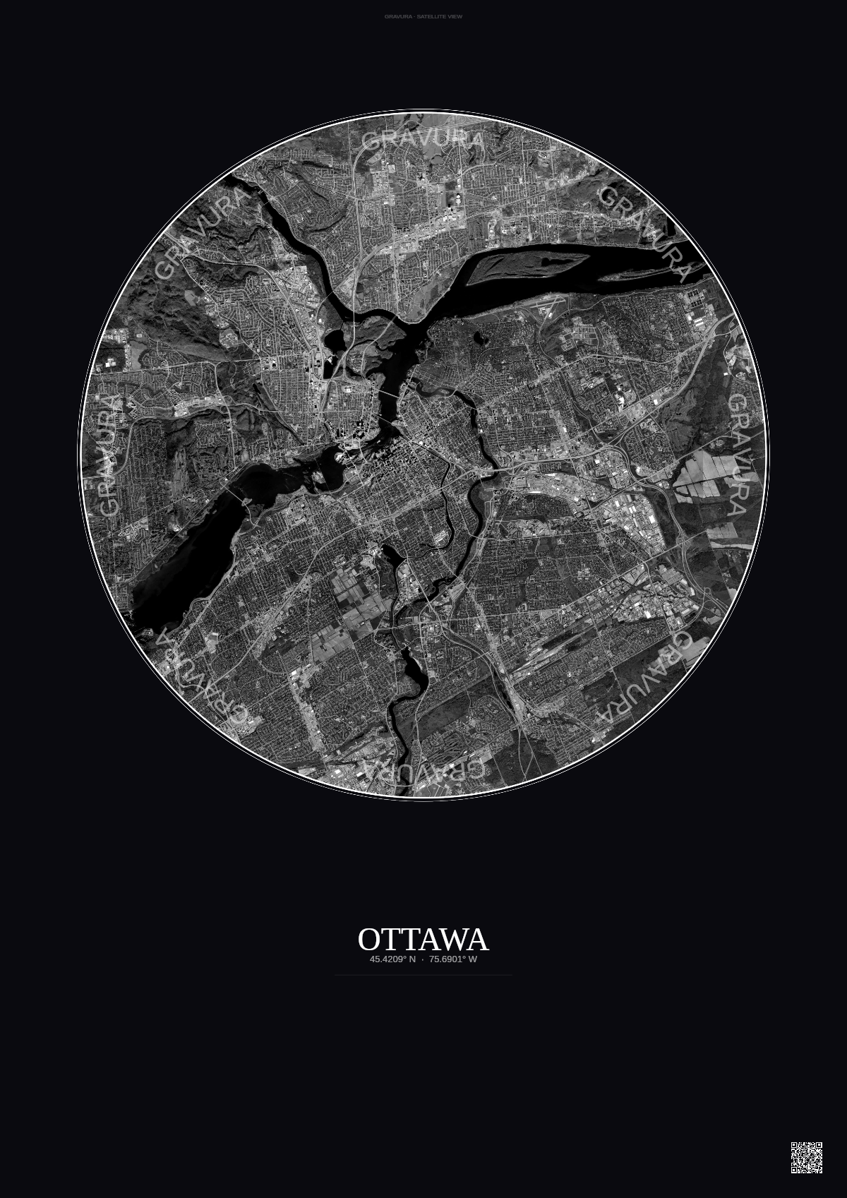 Affiche Ottawa – Poster vue satellite | Gravura – Fond foncé