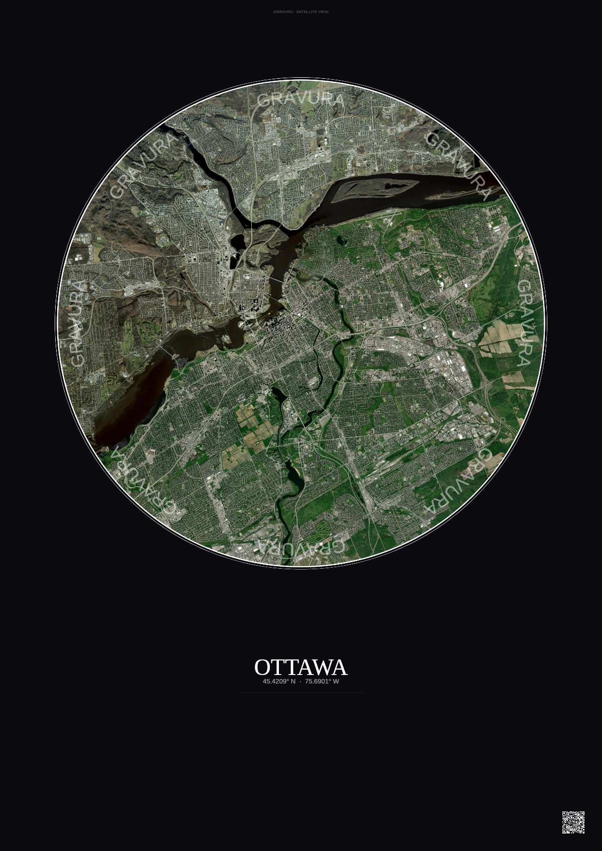 Affiche Ottawa – Poster vue satellite | Gravura – Fond foncé