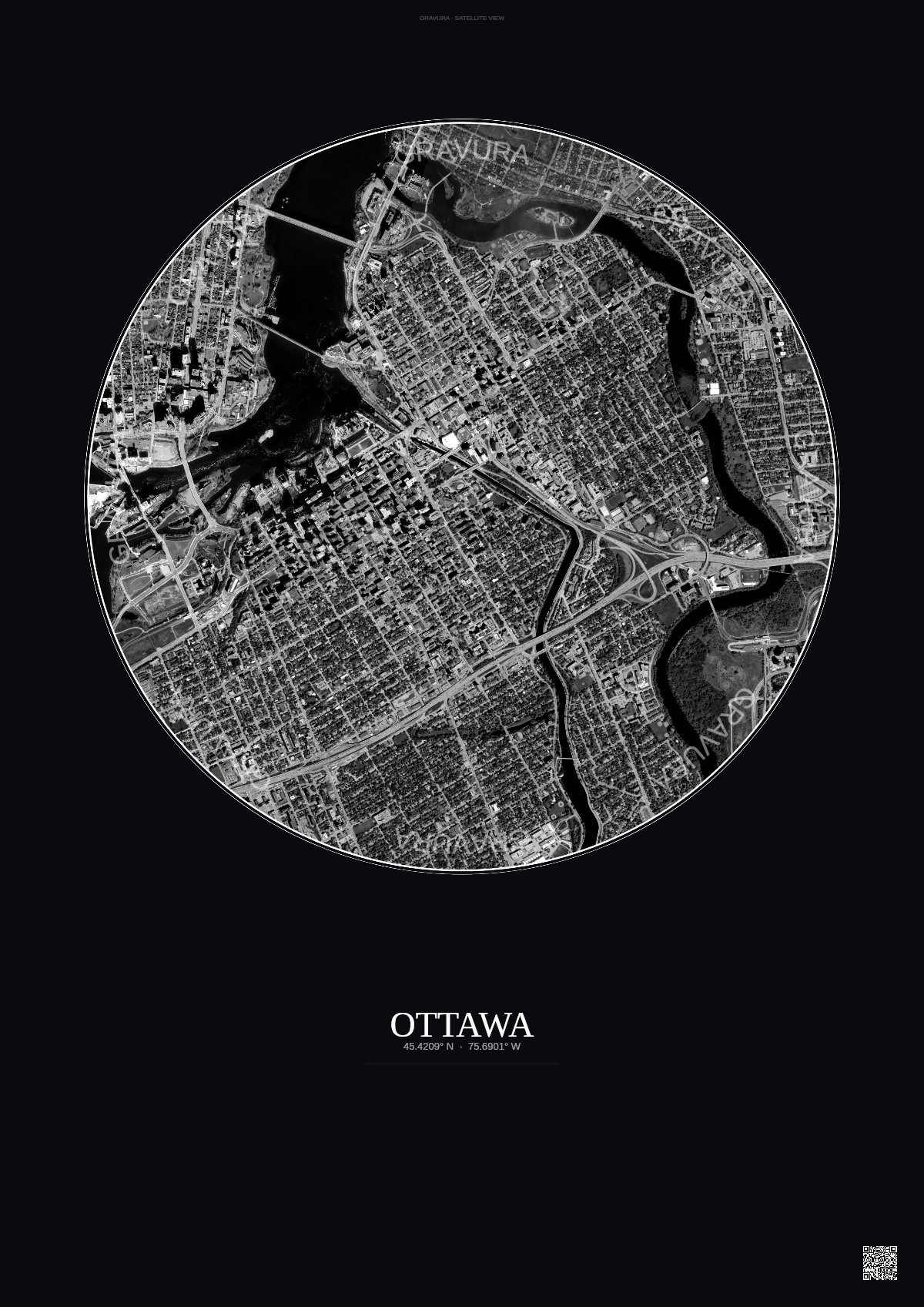 Affiche Ottawa – Poster vue satellite | Gravura – Fond foncé