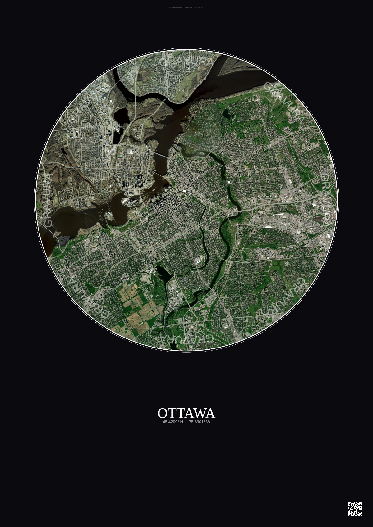 Affiche Ottawa – Poster vue satellite | Gravura – Fond foncé