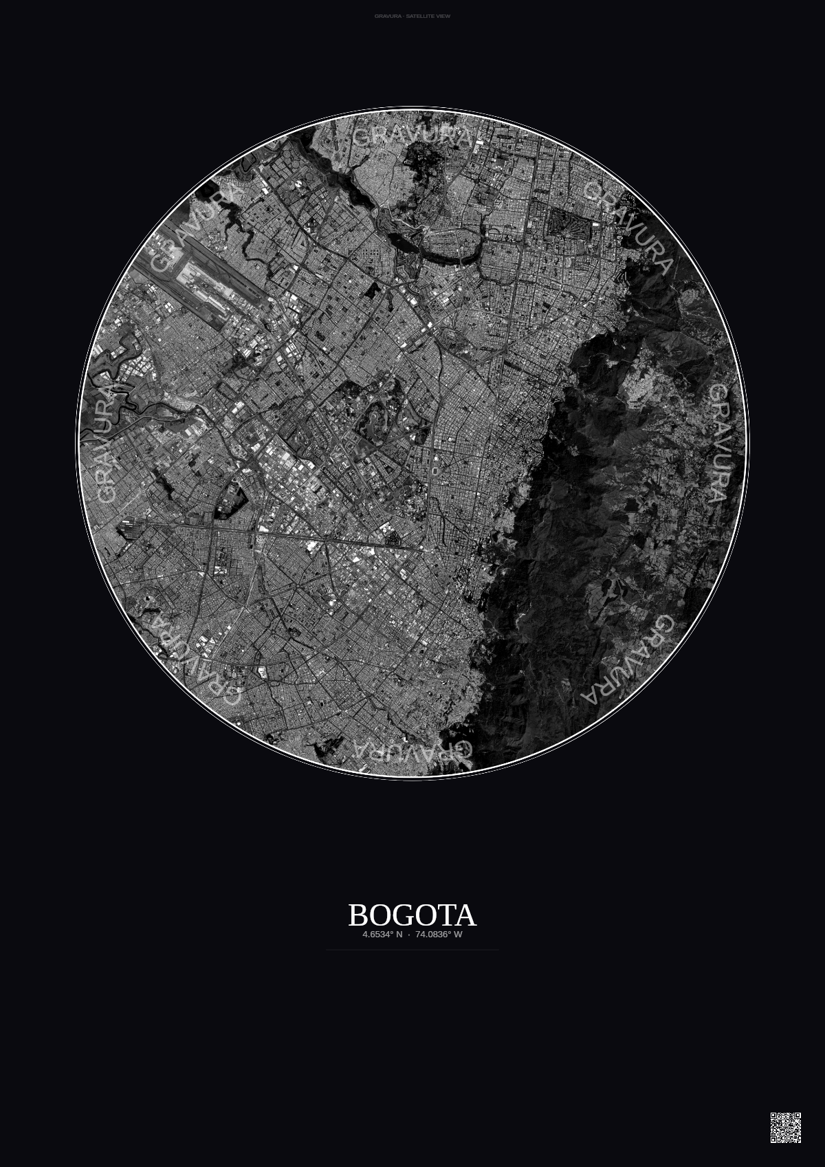 Affiche Bogota – Poster vue satellite | Gravura – Fond foncé